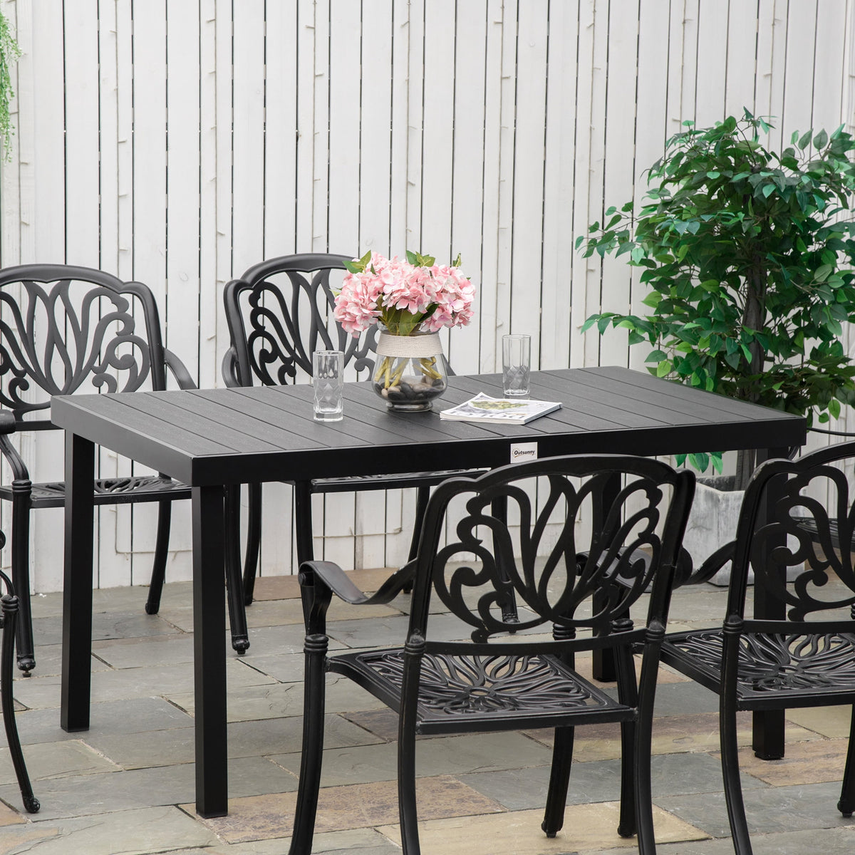 Outsunny Patio Dining Table, Rectangular Aluminum Outdoor Table, Black