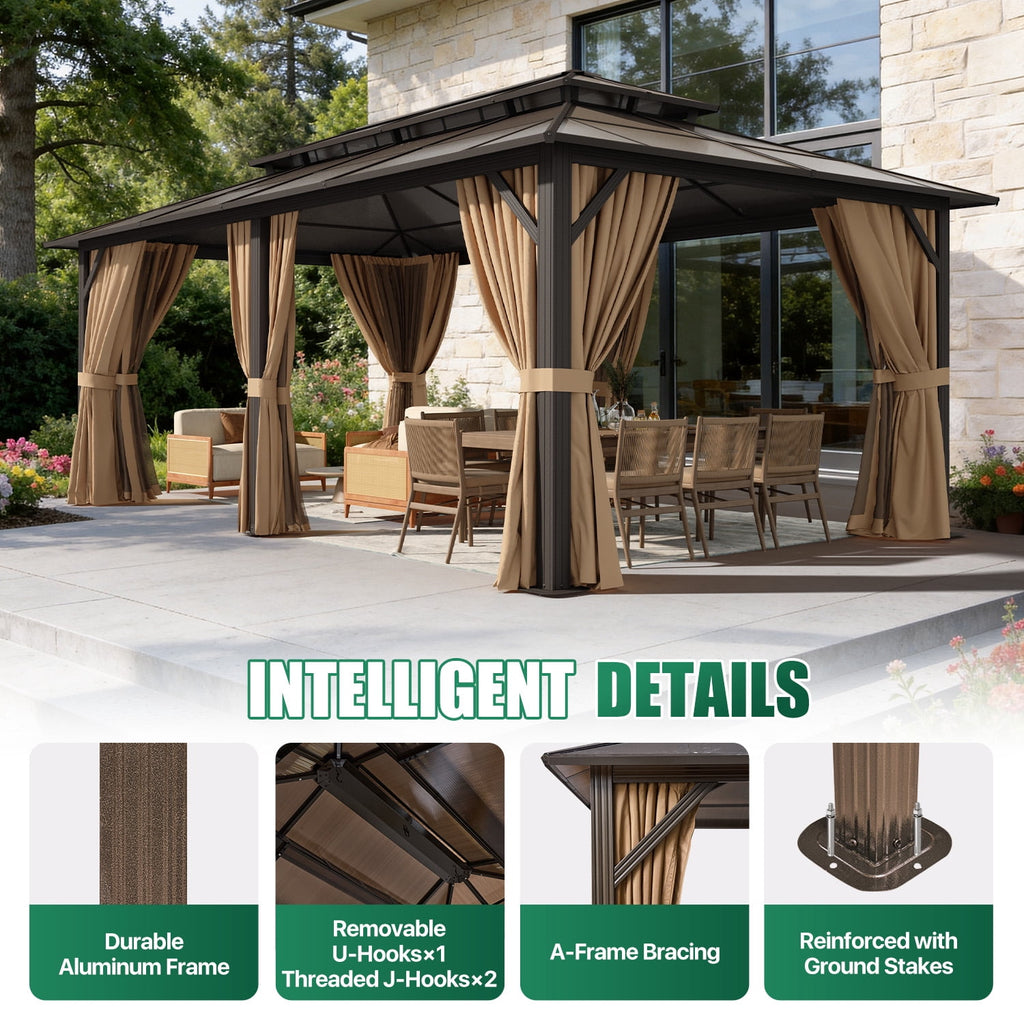 Clouddwell 12'x20' Hardtop Gazebo - Polycarbonate Double Roof with Netting & Curtains for Patio, Garden Sun Protection,Brown