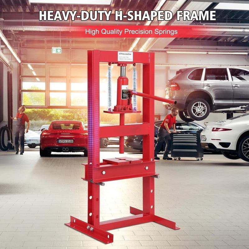 6-Ton Hydraulic Shop Press, Heavy-Duty H-Frame Bench Press, Adjustable Height and Movable Plates, Red