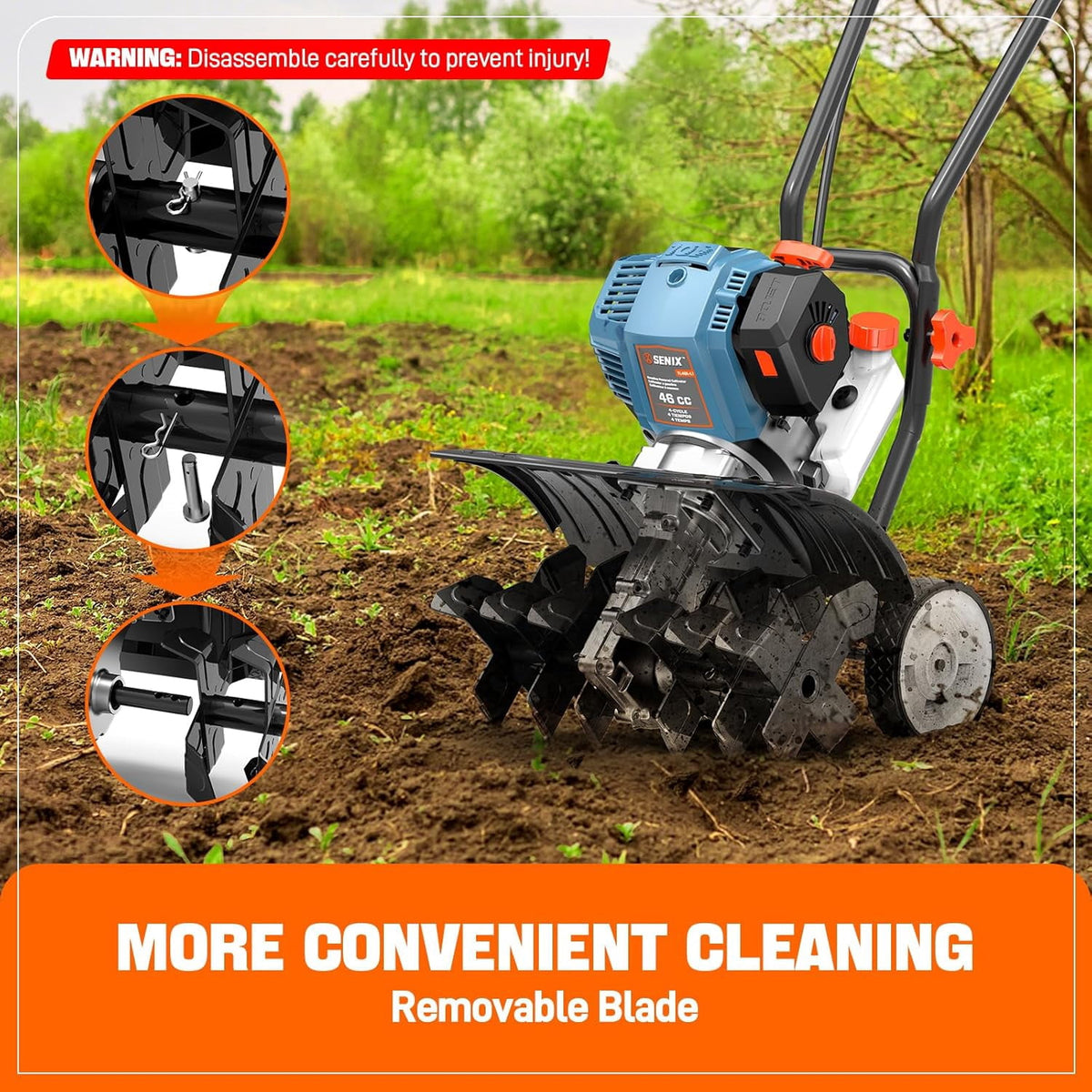 SENIX TL4QL-L1 10" 43cc 4-Cycle Gas Powered Front-Tine Walk Behind Tiller, 6 Forward Rotating Tines