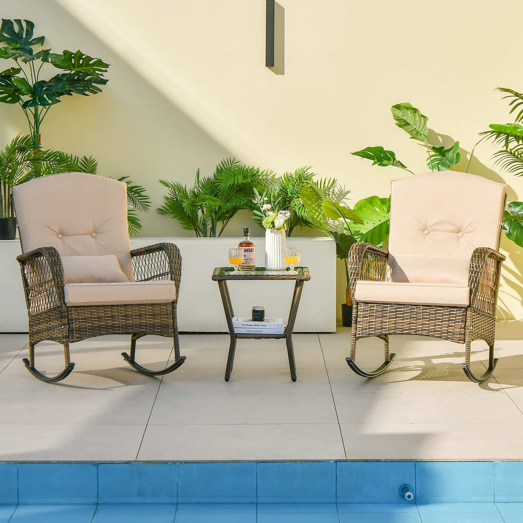 3-Piece Outdoor Wicker Rocking Chair Set, High-Back Chairs, Thick Cushions and 2-Tier Coffee Table, Dark Gray