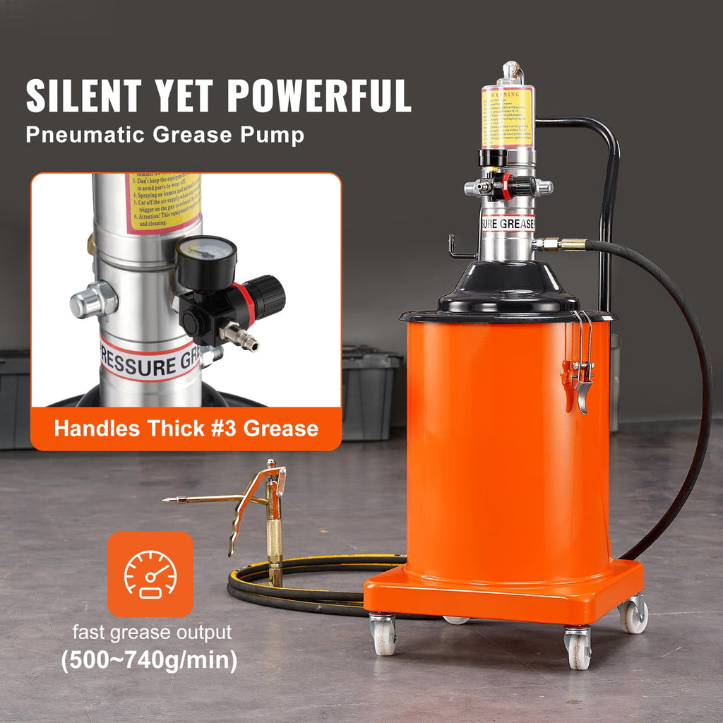 KFFKFF 5-Gallon/20L Pneumatic Grease Pump, 50:1 Pressure Ratio, 13 ft Hose, Grease Gun and Wheels