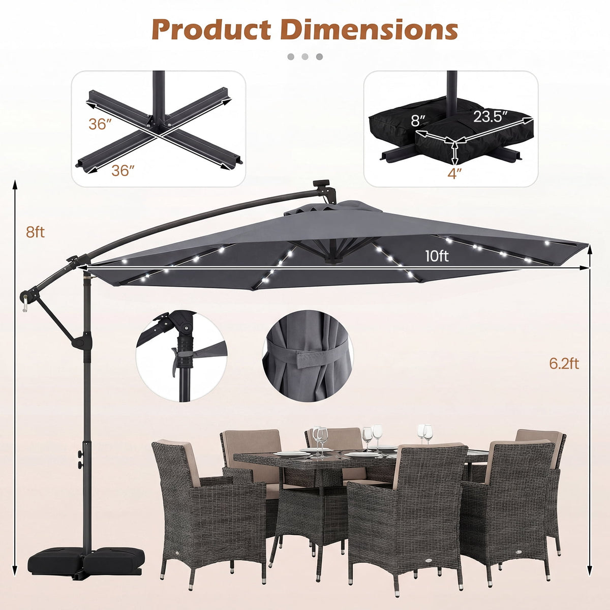 Costway 10 FT Solar Offset Hanging Umbrella Patio Cantilever Umbrella with 32 LED Lights Gray