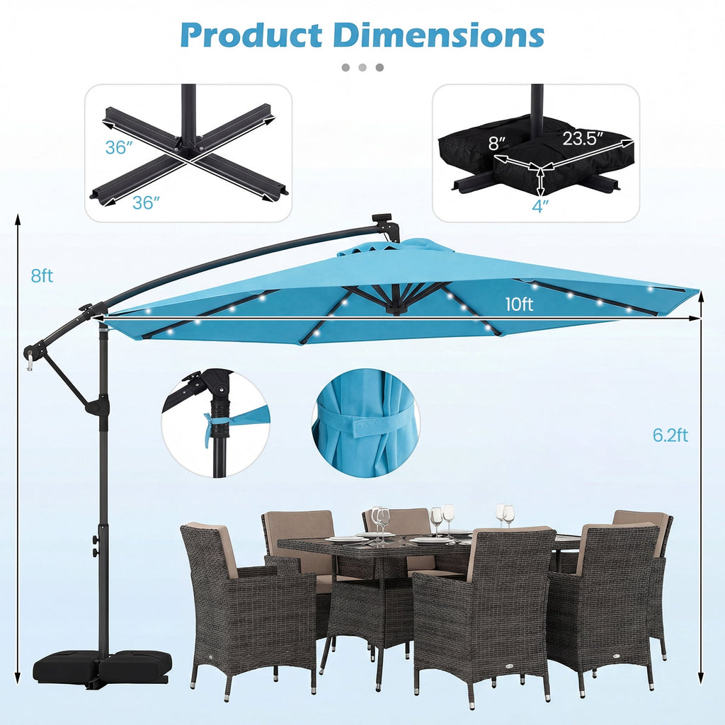 Costway 10 FT Solar Offset Hanging Umbrella Patio Cantilever Umbrella with 32 LED Lights Turquoise