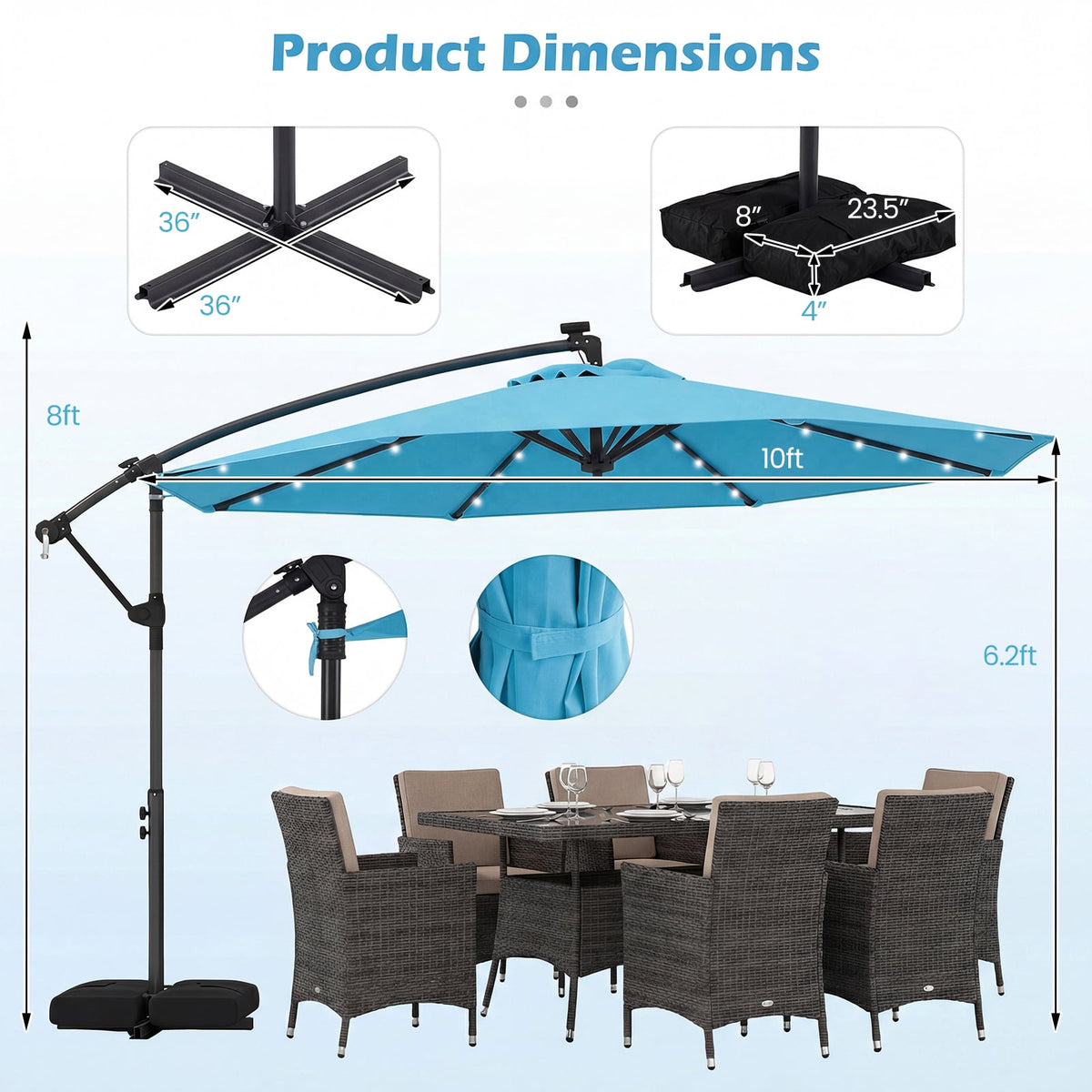 Costway 10 FT Solar Offset Hanging Umbrella Patio Cantilever Umbrella with 32 LED Lights Turquoise