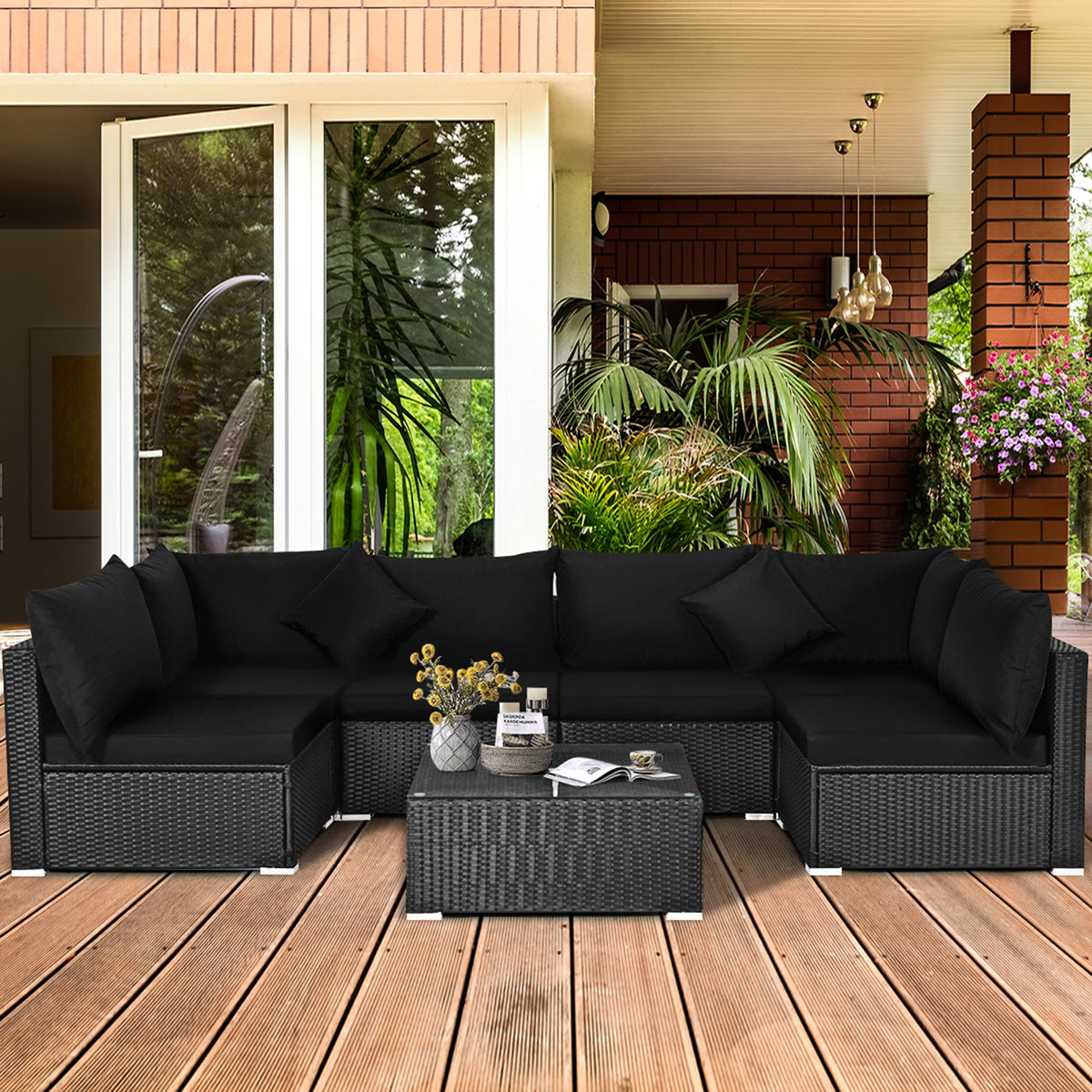 Gymax 7PCS Rattan Patio Conversation Set Sectional Furniture Set w/ Black Cushion