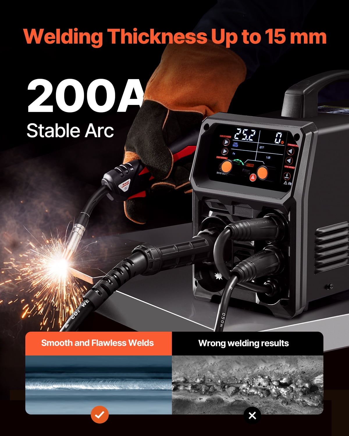 VEVOR MIG Welder 200Amps Welding Machine 4-in-1 Gas MIG/Flux Core MIG/Stick/Lift TIG