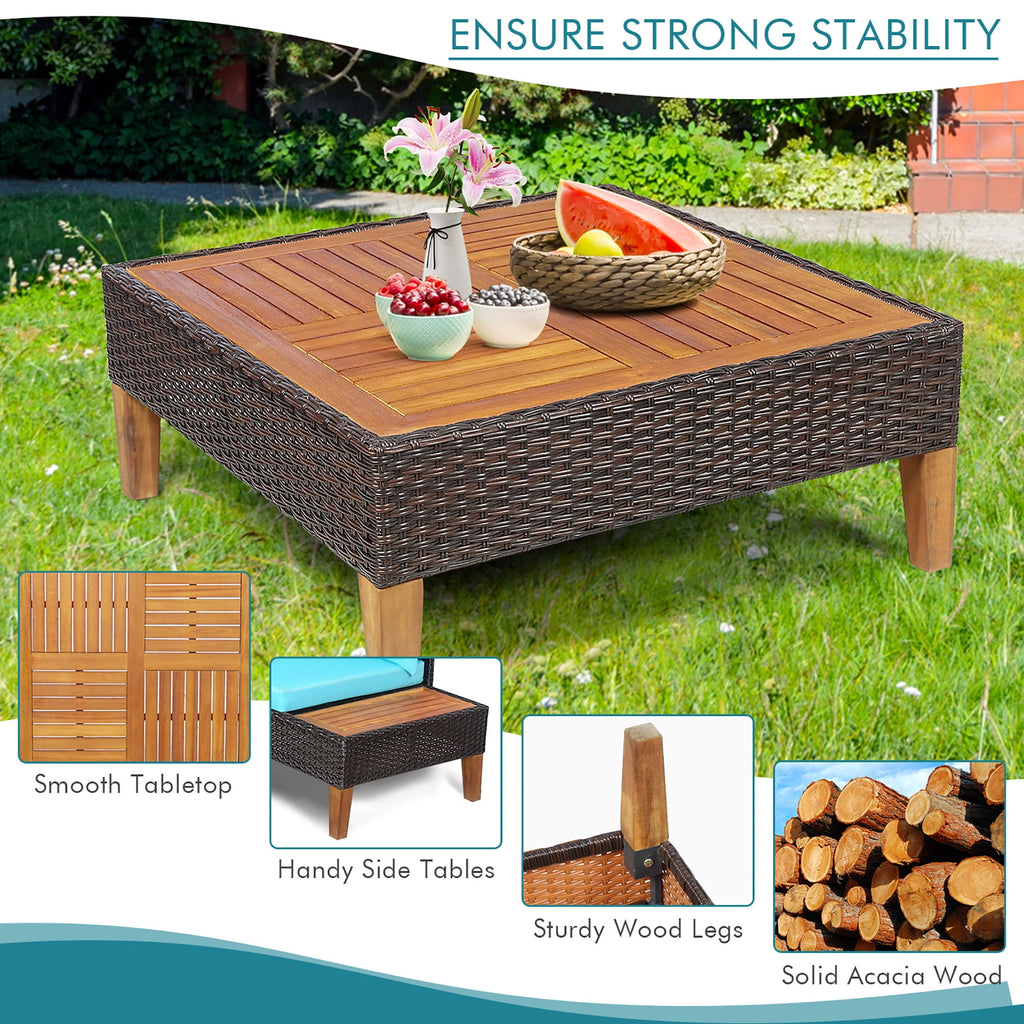 Costway 4PCS Patio Rattan Furniture Set Cushioned Loveseat w/Wooden Side Table Turquoise