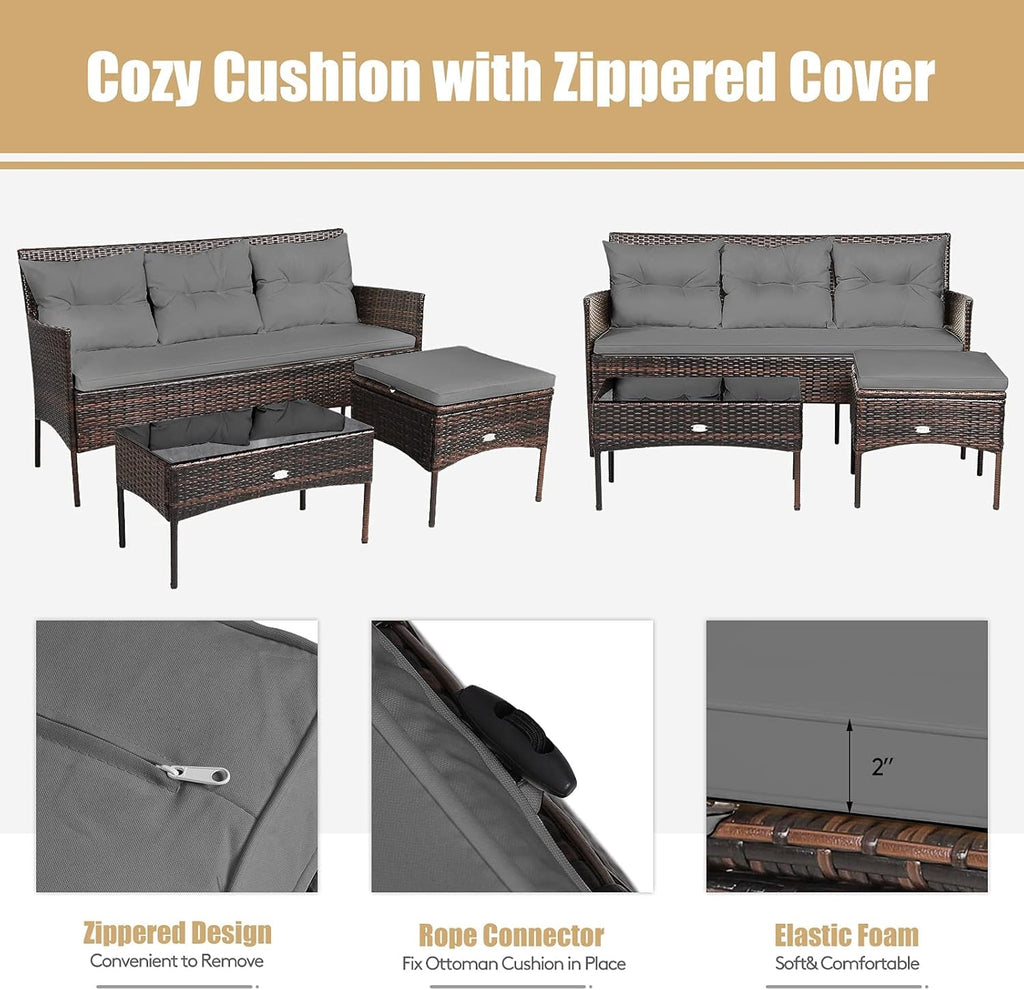 Gymax 3PCS Patio Rattan Sectional Conversation Furniture Set w/ Grey Cushions