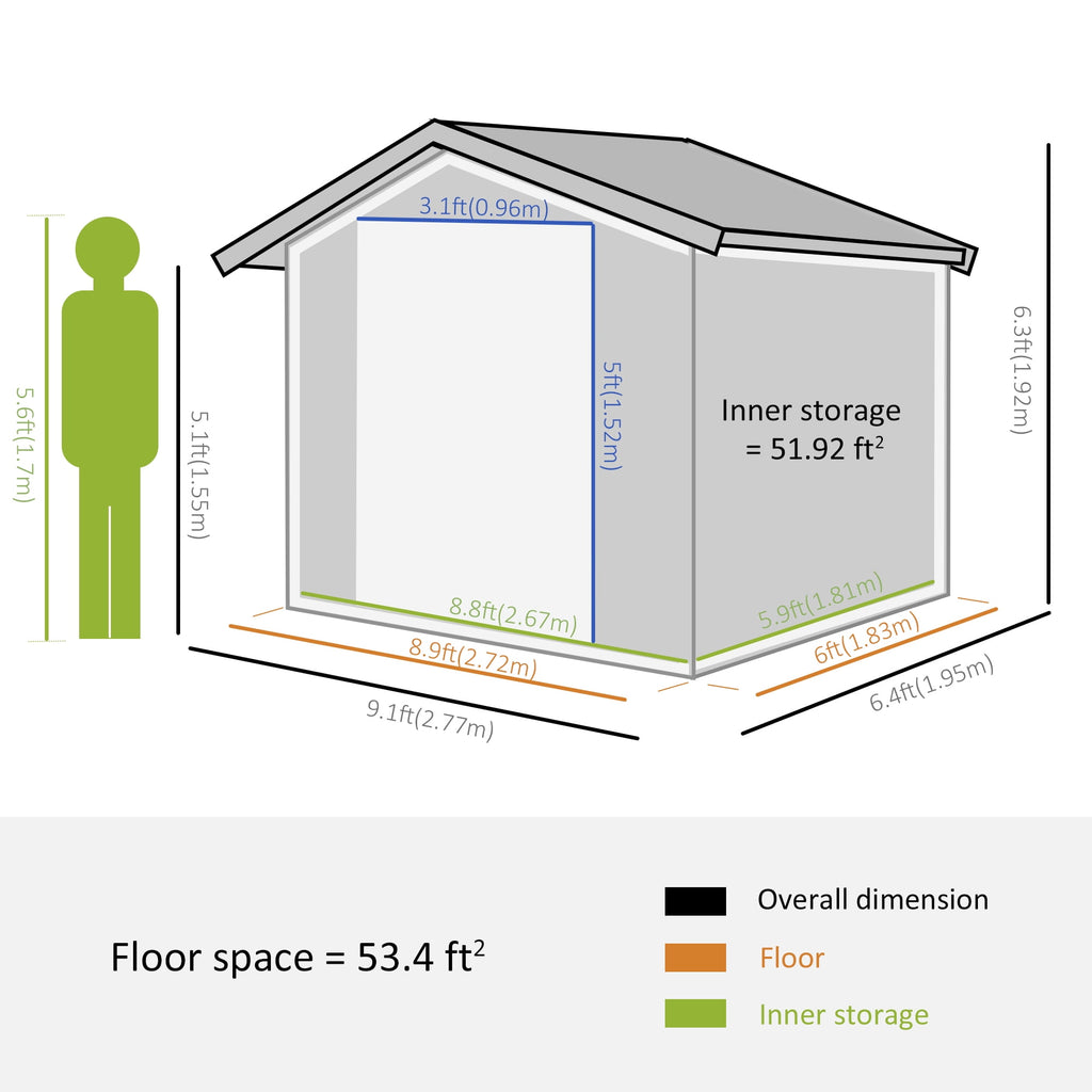Outsunny 9' x 6' Garden Storage Shed with Foundation Kit, Metal Tool Storage House with Double Doors for Outdoor Patio Yard, Dark Grey