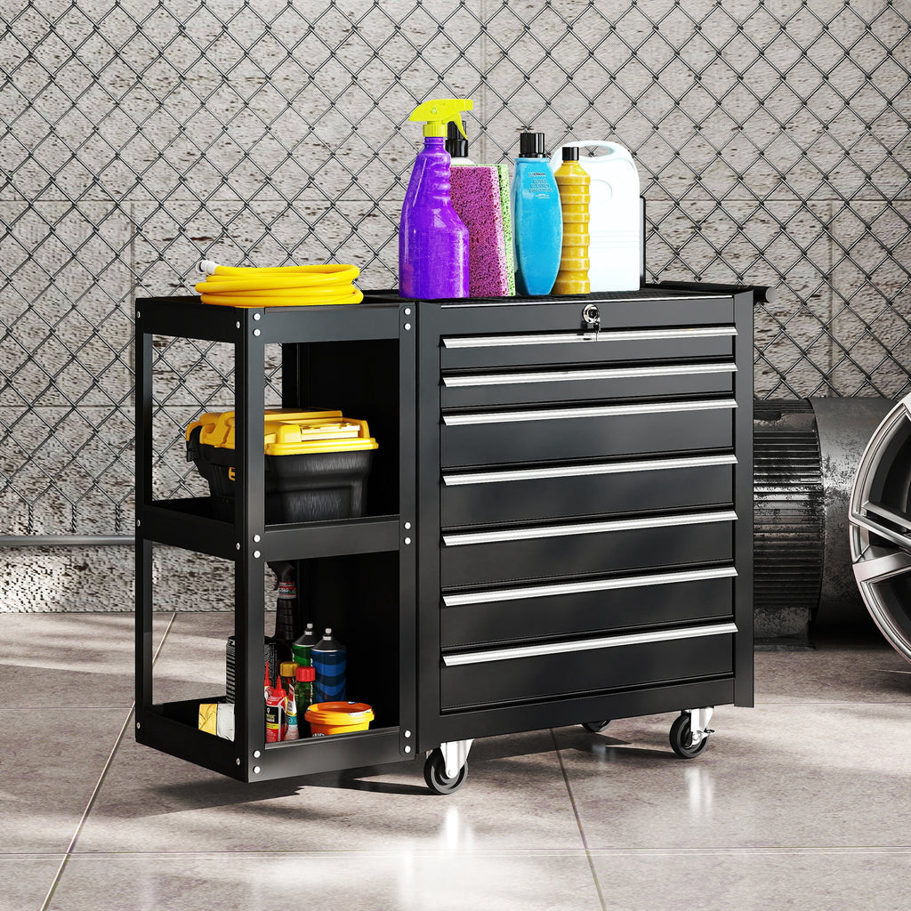 HOMCOM 7-Drawer Tool Chest with Side Shelf, Lockable Tool Box, Black