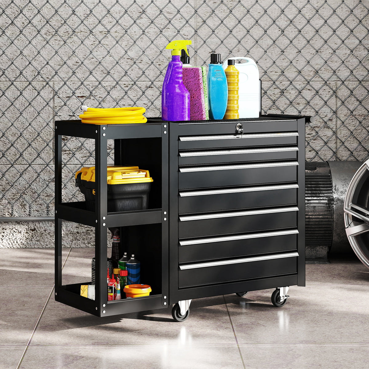 HOMCOM 7-Drawer Tool Chest with Side Shelf, Lockable Tool Box, Black