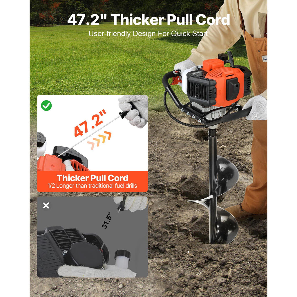 KFFKFF 52cc 1450W Gas Post Hole Digger, 6-Inch and 10-Inch Auger Bits, 3 Extension Rods, EPA Listed