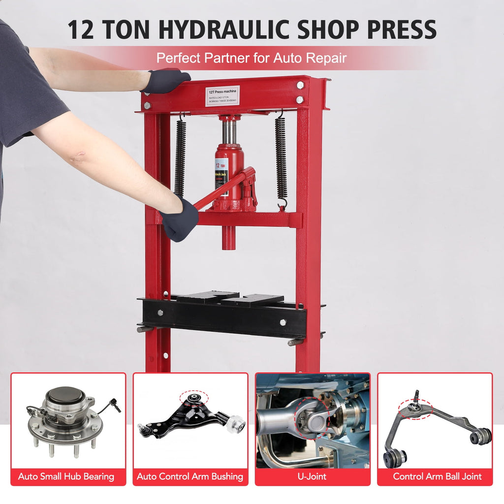PioneerWorks 12-Ton Hydraulic Shop Press, Heavy-Duty H-Frame Benchtop Press with 2 Press Plates