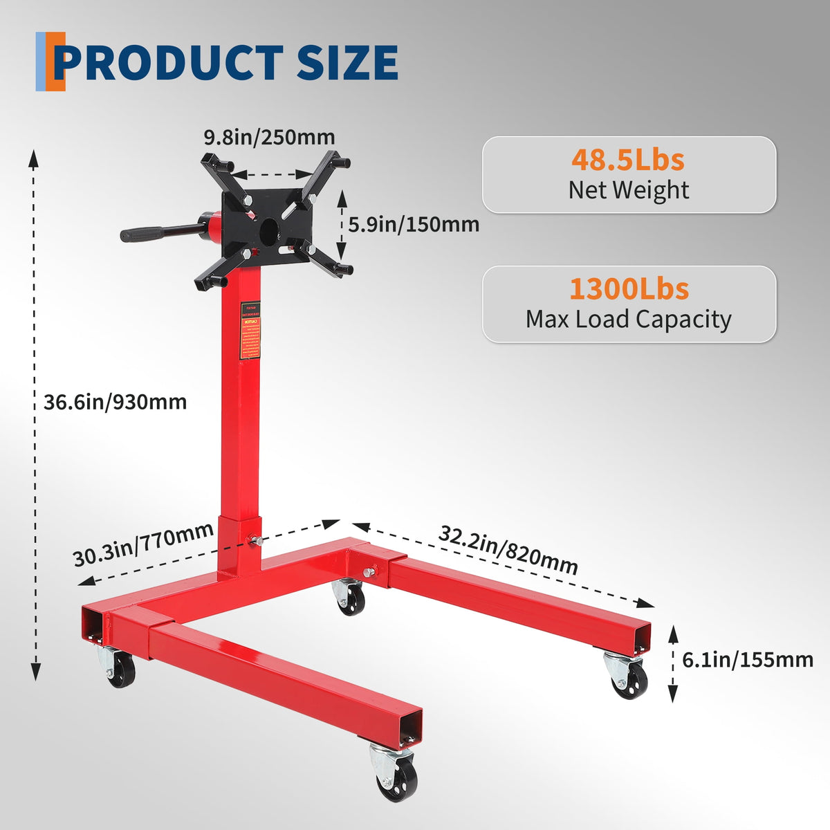 Engine Stand with 360° Rotating Head, Heavy Duty Steel Motor Stand with 4 Adjustable Arms and Casters, for Vehicle Maintenance and Auto Repair, Red