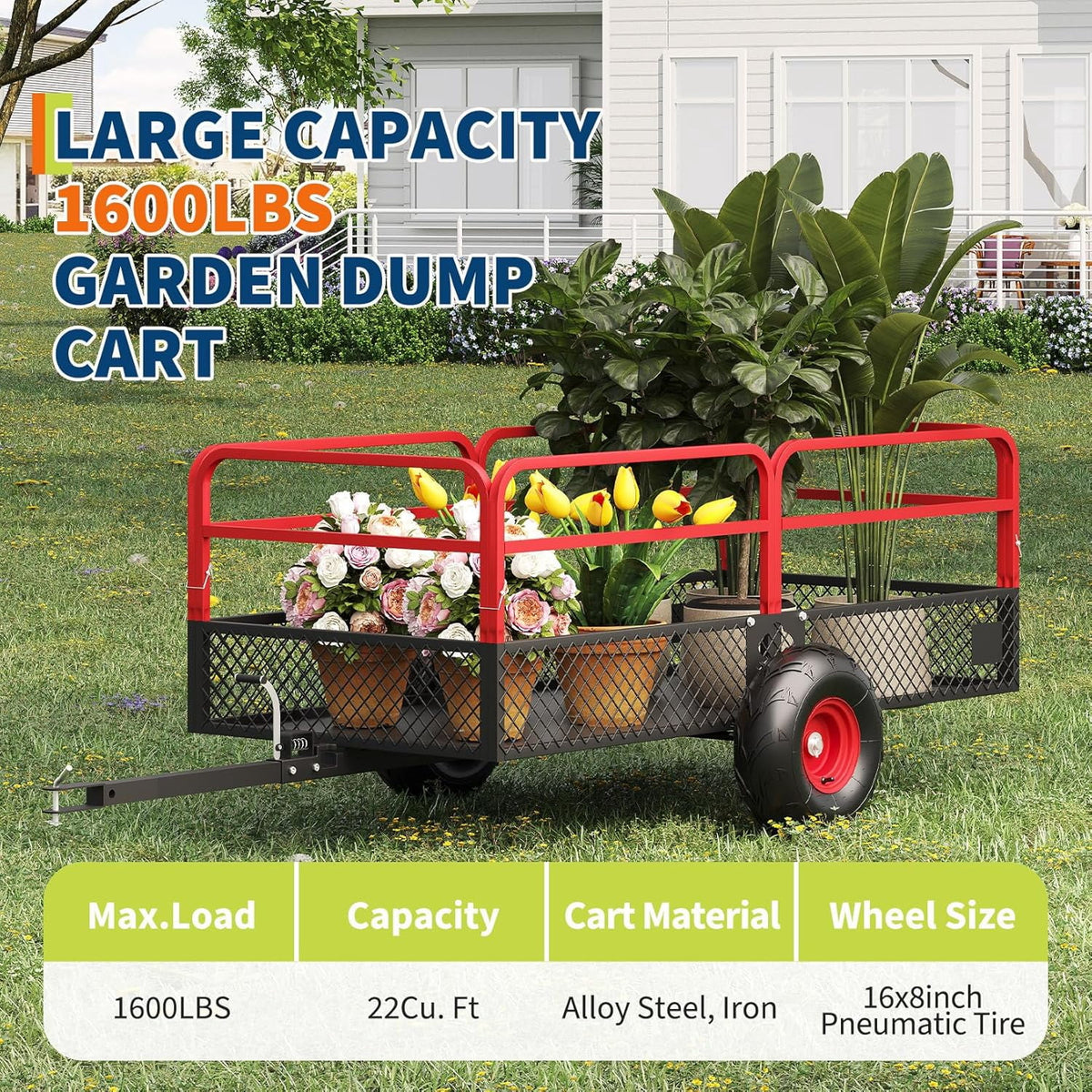 ATV/UTV Tow-Behind Dump Cart, 1600 lb Capacity, 22 cu ft, Removable Sides and All-Terrain Tires