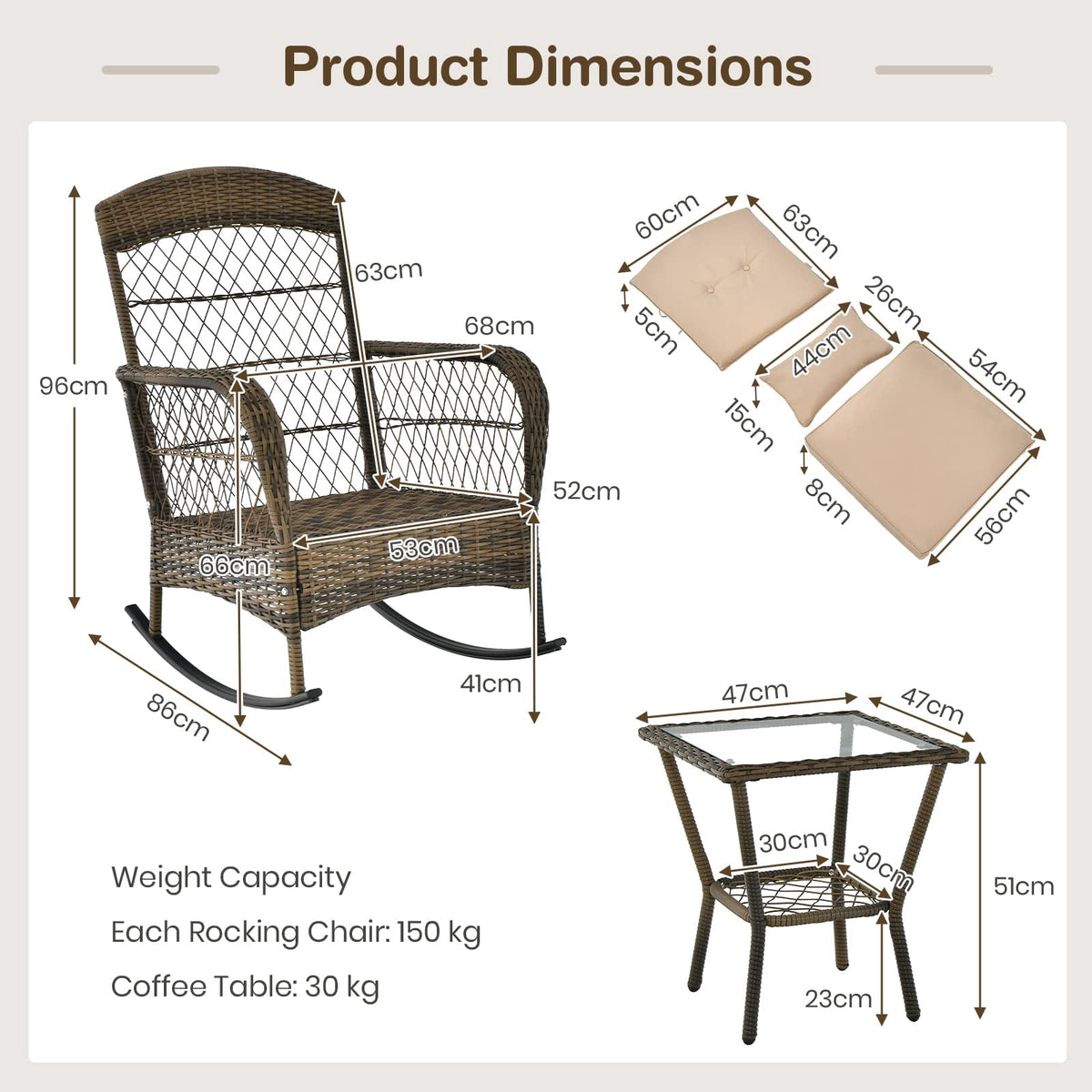 3-Piece Outdoor Wicker Rocking Chair Set, High-Back Chairs, Thick Cushions and 2-Tier Coffee Table, Dark Gray