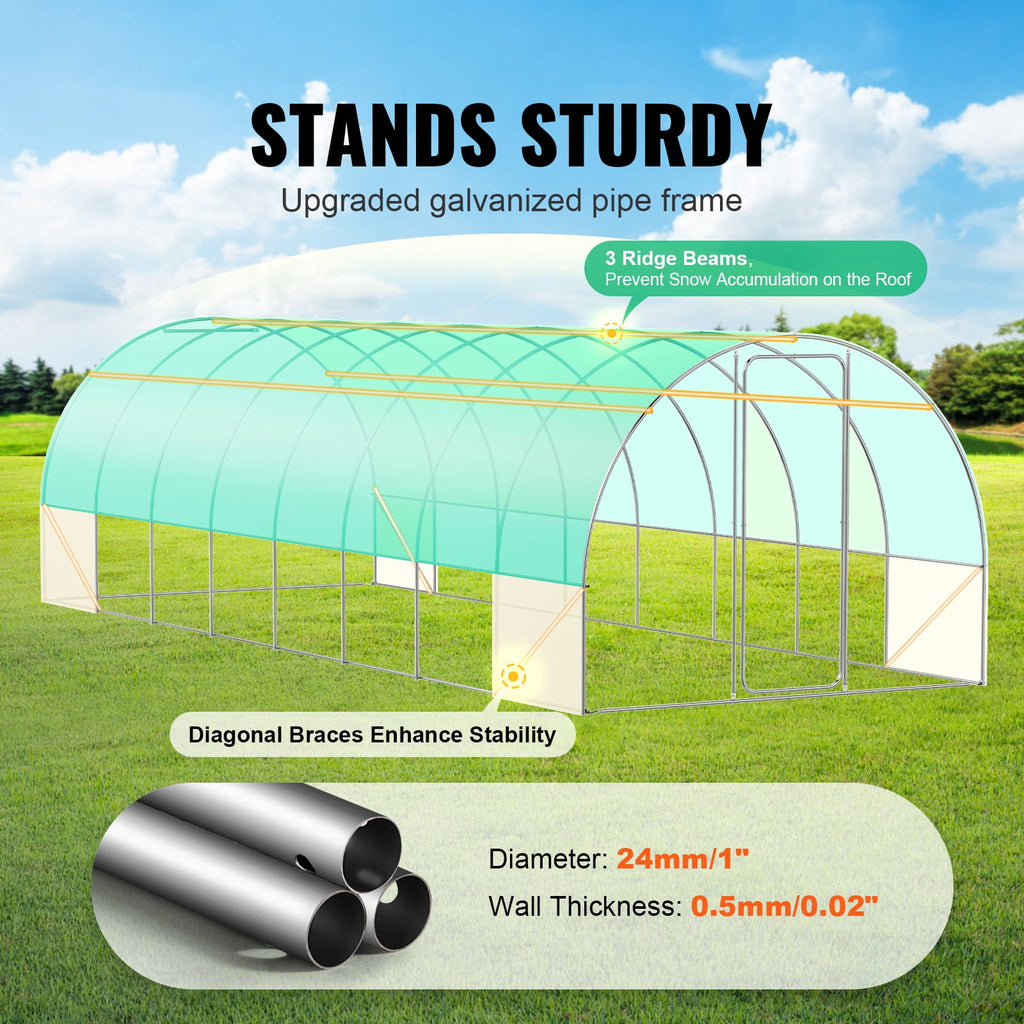 KFFKFF 27.4x9.5x7.4 Ft Tunnel Greenhouse, Galvanized Steel Frame, Green PE Cover, Swing Door and 16 Roll-Up Windows
