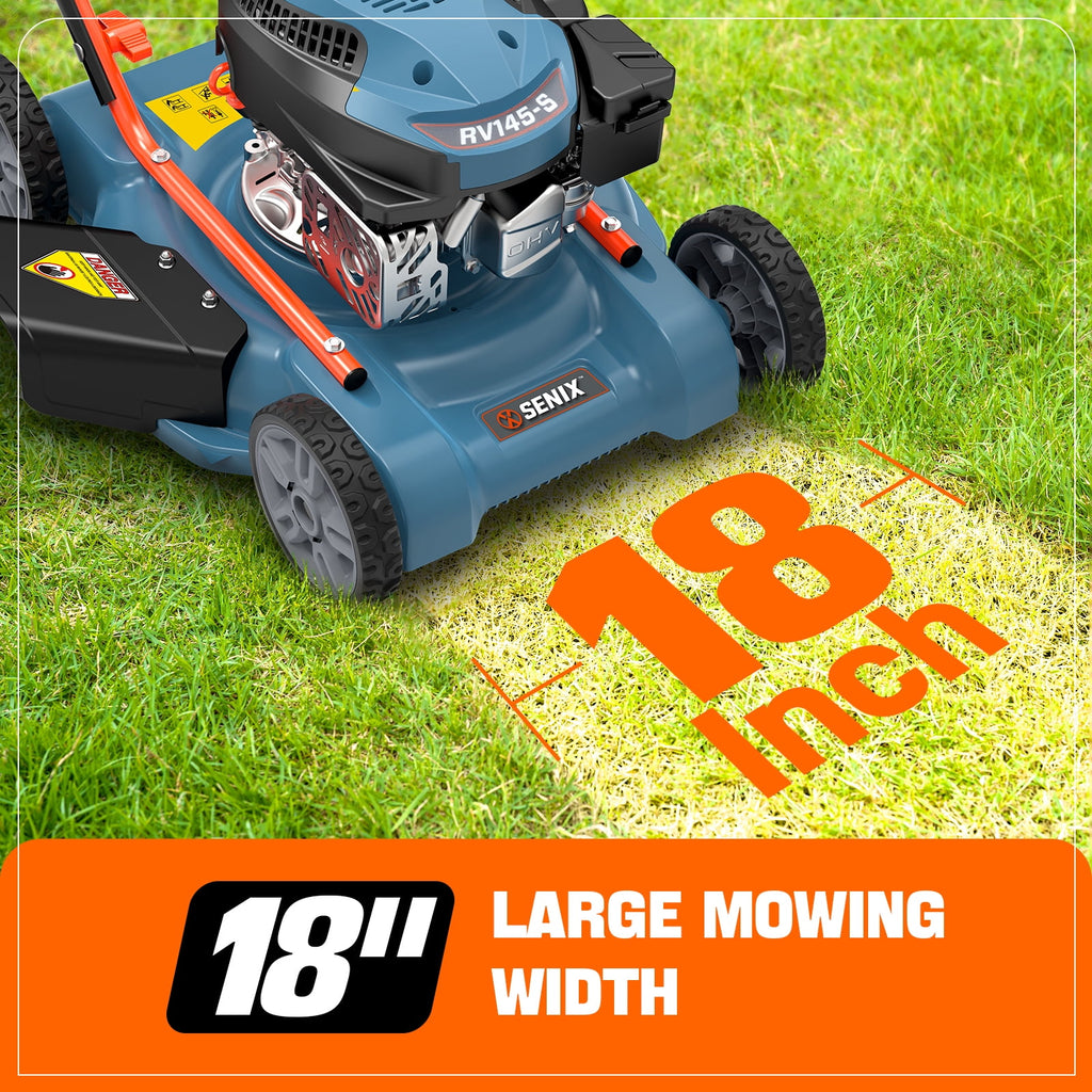SENIX LSPG-L1 18" 144cc 4-Cycle Gas Powered Push Walk-Behind Lawn Mower, Side Discharge