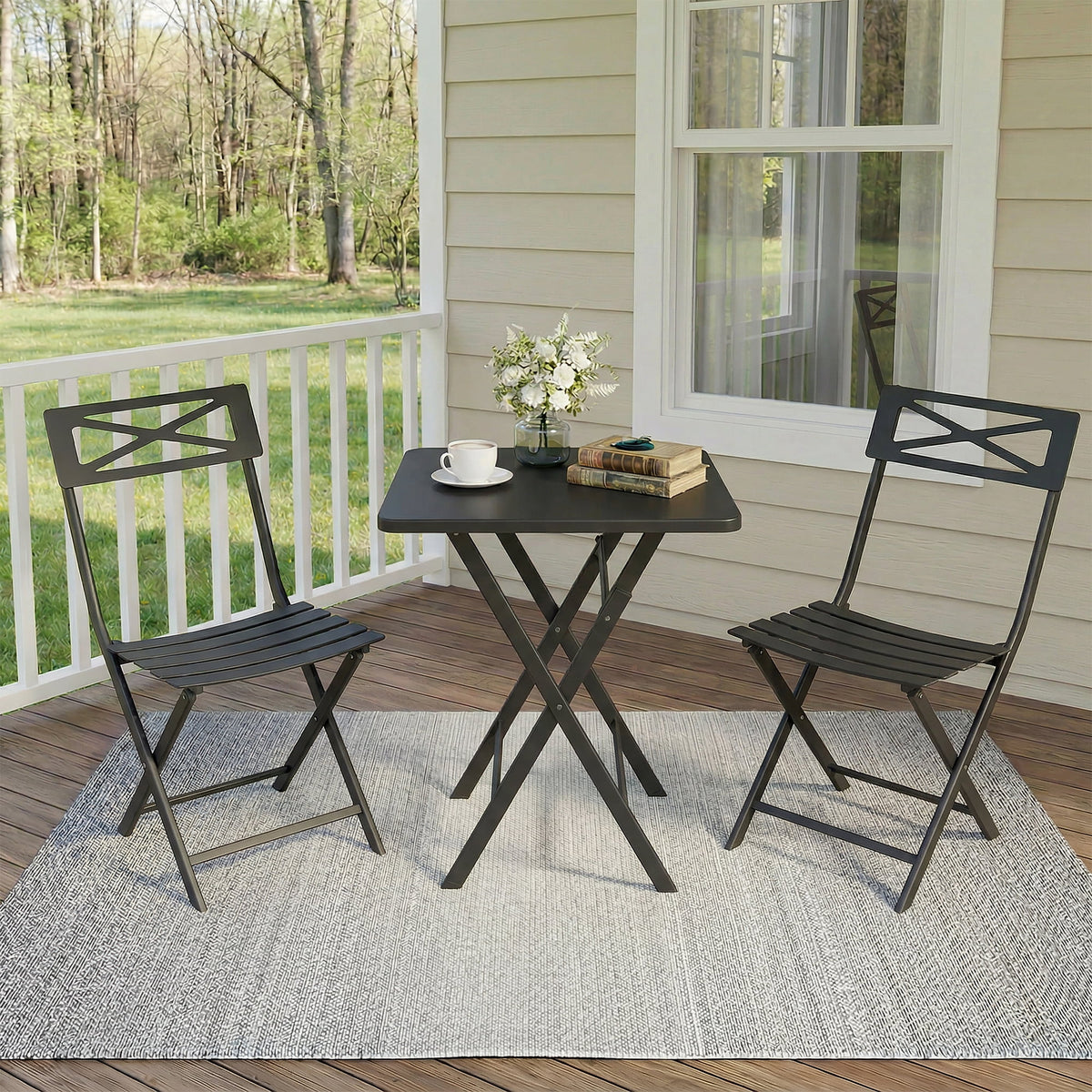 GloryStar Folding Outdoor Bistro Set, Table and 2 Chairs, Heavy-Duty Weather-Resistant Steel Patio Furniture