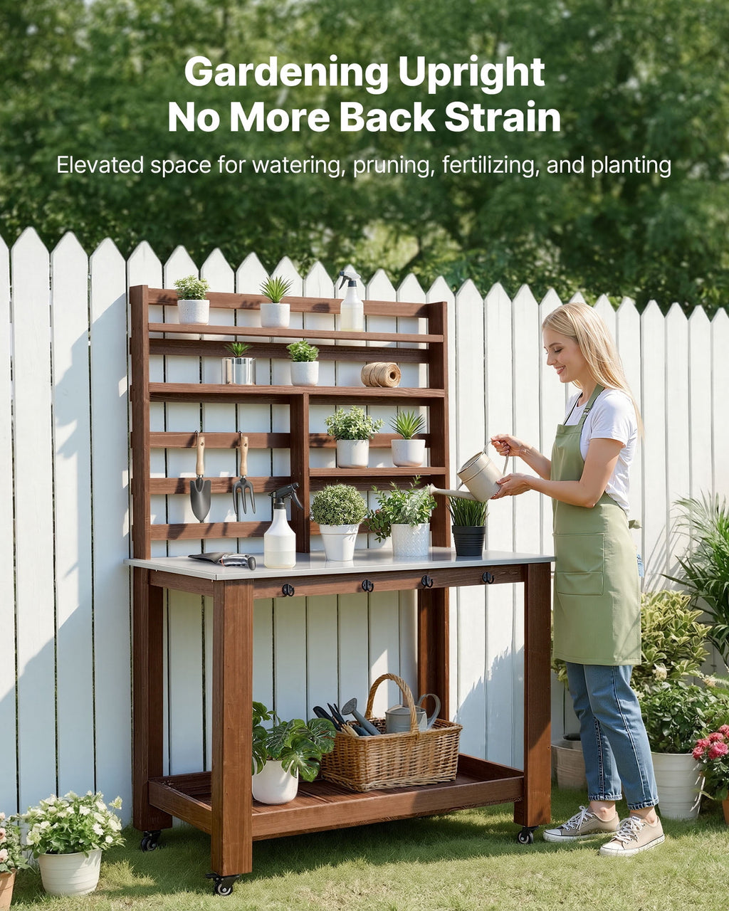 VEVOR Potting Bench, 45x26 Inch Stainless Steel Top, Storage Shelves, Hooks and 4 Casters, Brown