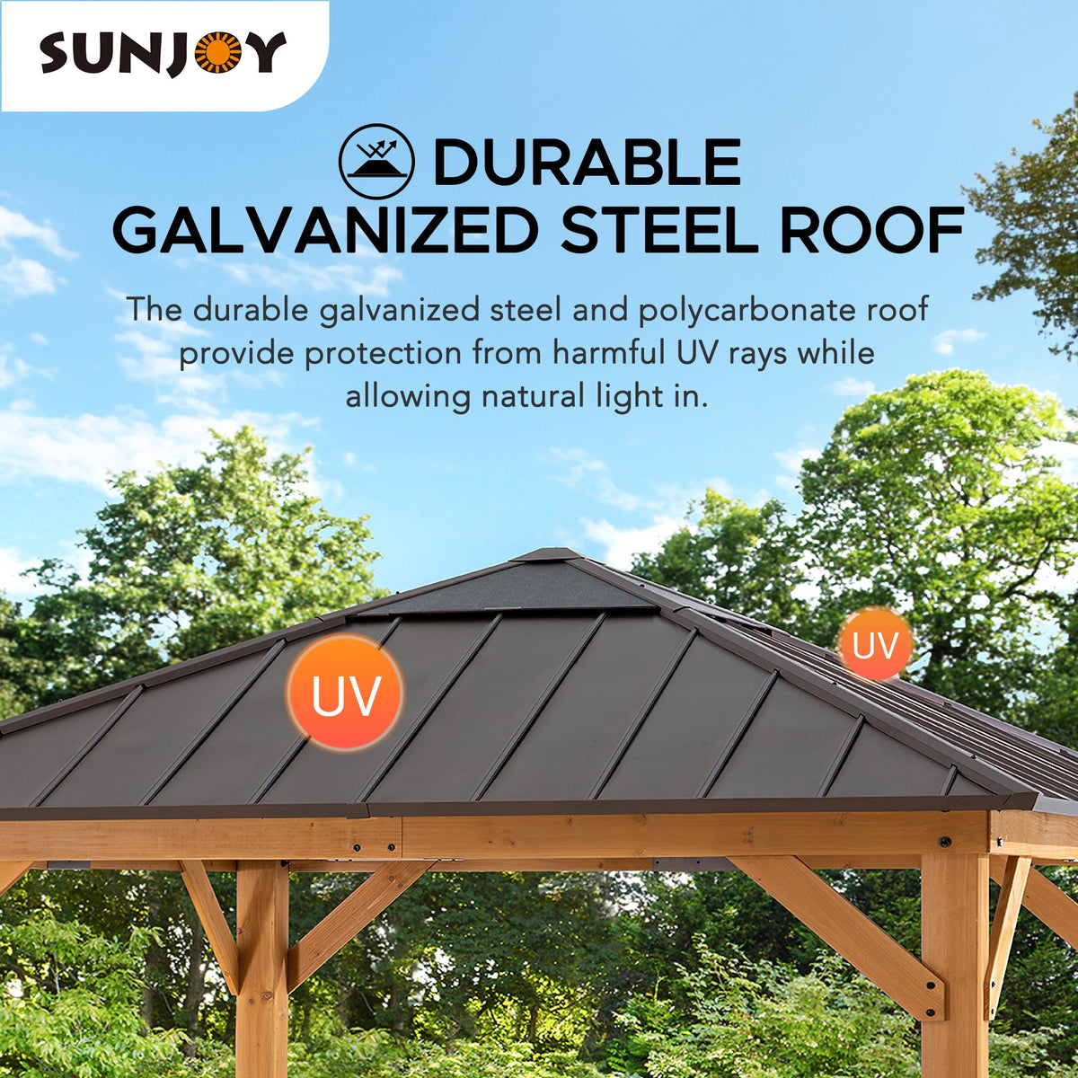 Sunjoy 11 ft. x 11 ft. Cedar Framed Gazebo with Brown Steel and Polycarbonate Hip Roof Hard Top
