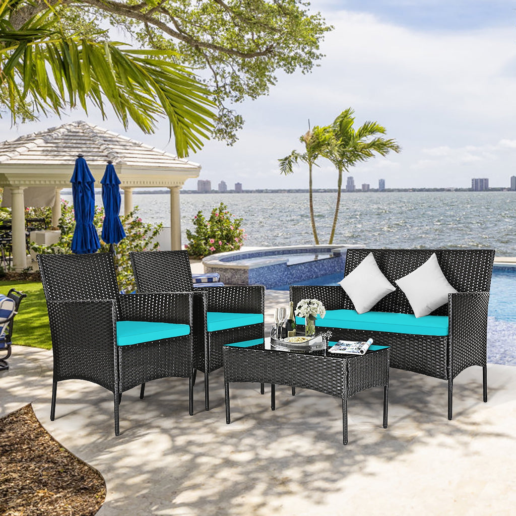 Costway 8PCS Patio Rattan Furniture Set Cushioned Sofa Coffee Table Backyard Turquoise