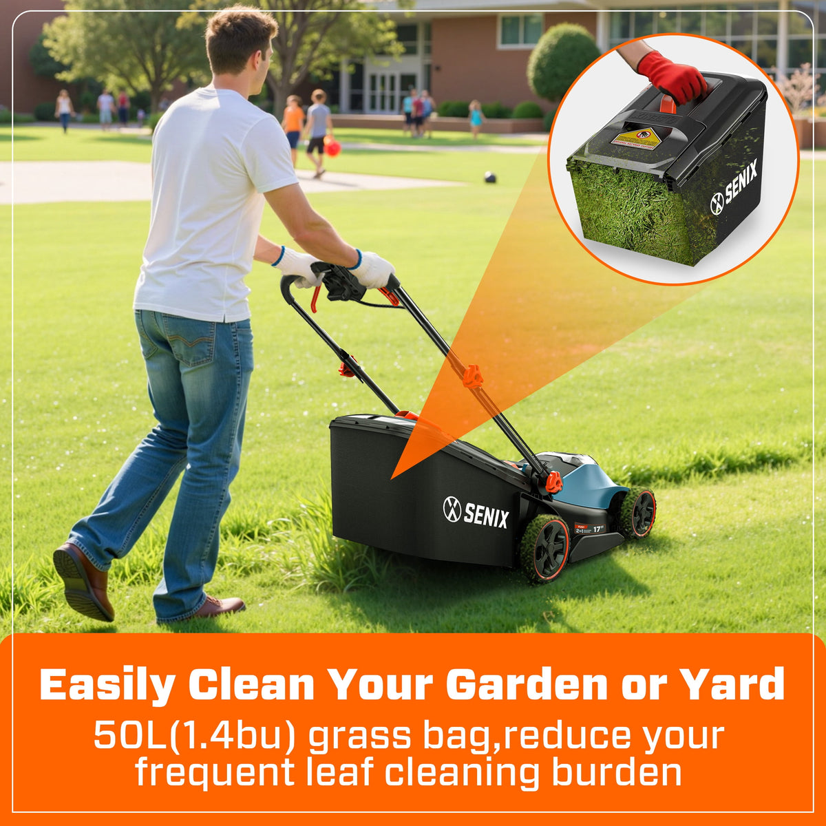 SENIX LPPX2-M5 17" 40V Battery Powered Push Walk-Behind Lawn Mower, Mulching and Bagging, 6-Position Height Adjustment, Brushless Motor, Cordless