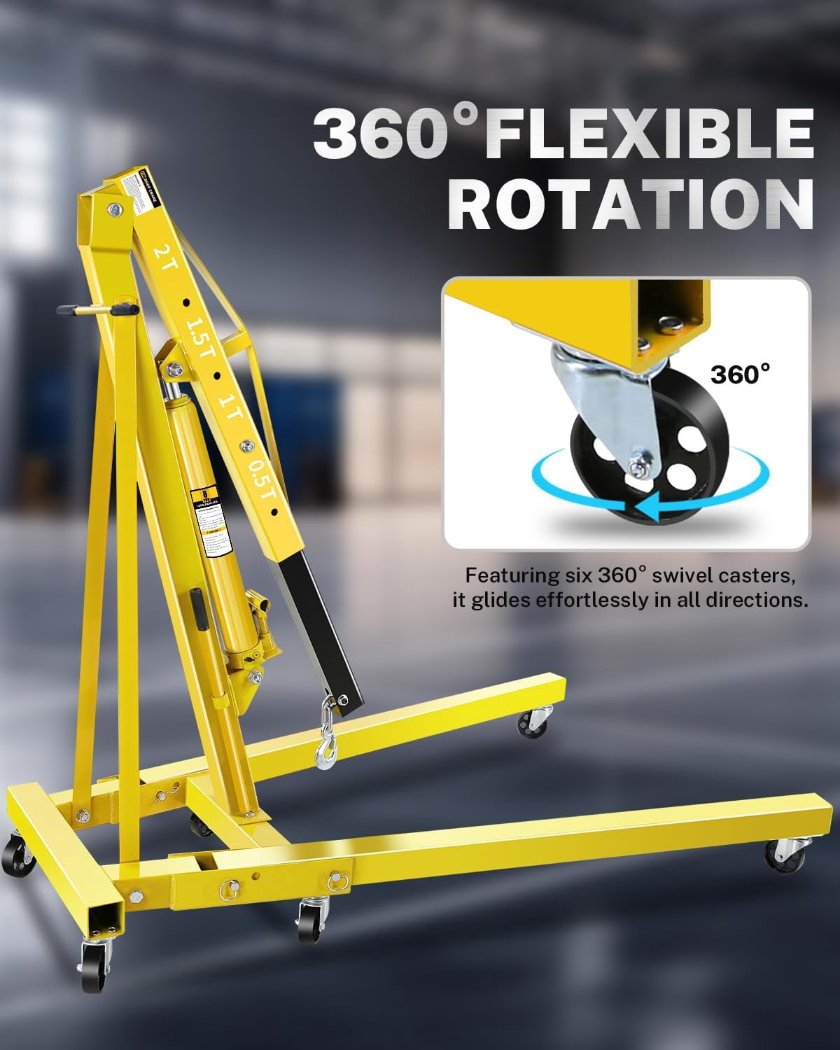 Kojooin 2-Ton/4400 lb Folding Hydraulic Engine Hoist, Shop Crane with 6 Casters and Telescopic Boom