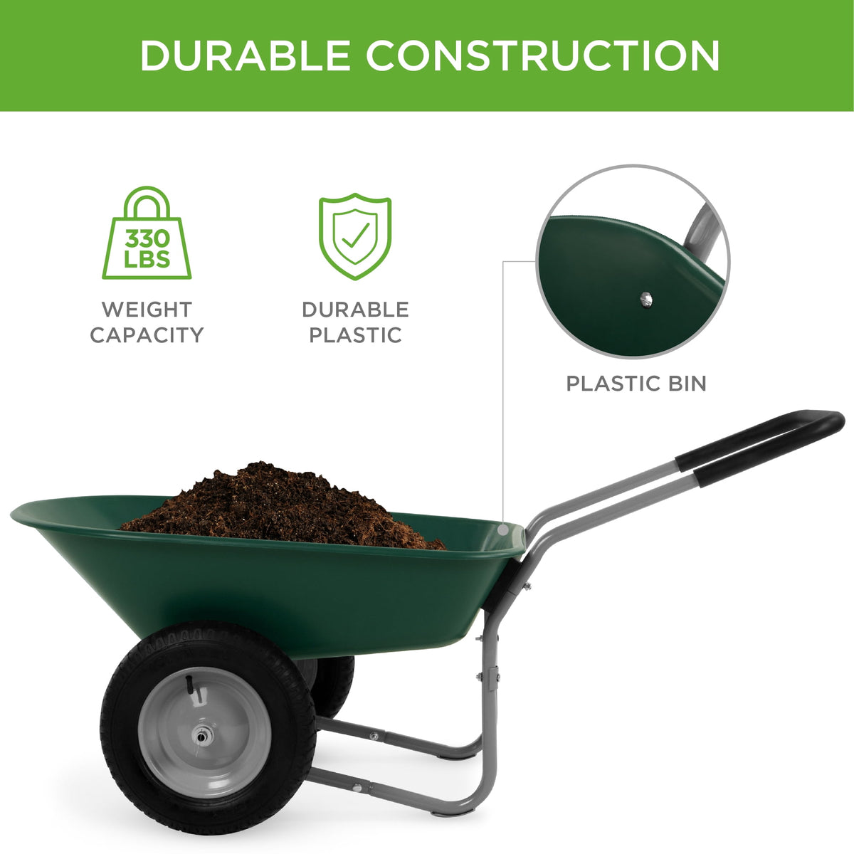 Best Choice Products Dual-Wheel Home Wheelbarrow Yard Garden Cart for Lawn, Construction - Pine Green