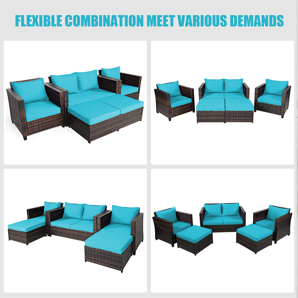 Costway 5PCS Patio Rattan Furniture Set Loveseat Sofa Ottoman Cushion Turquoise