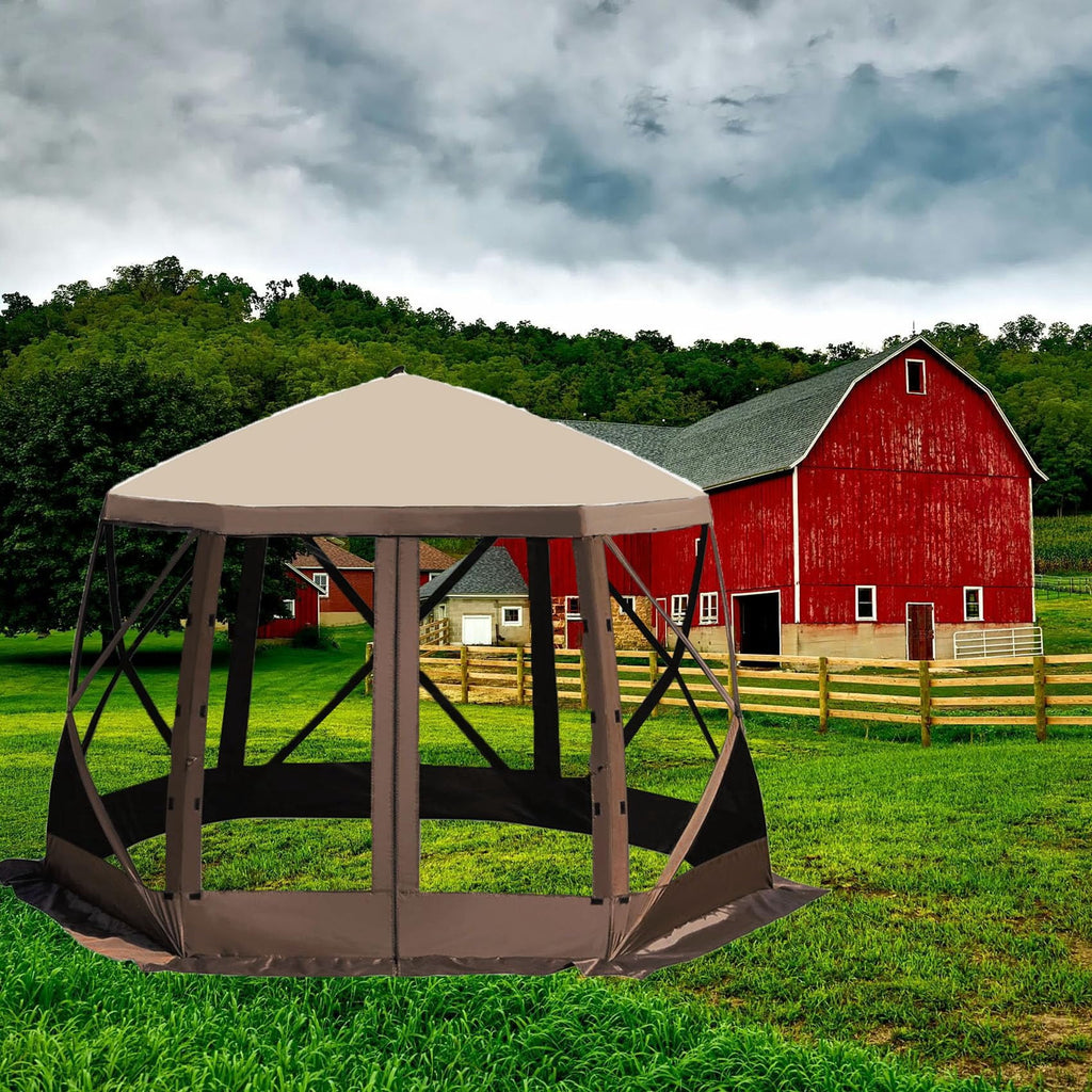 12x12 Ft 6-Sided Pop-Up Canopy Screen Tent, 600D Oxford Fabric, Fiber Poles, Carry Bag, Ropes and Stakes