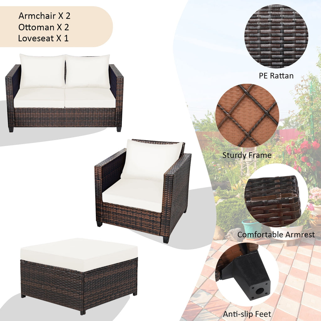 Patiojoy 5 Pieces Patio Furniture Set Sectional Wicker Sofa Conversation Set with Removable Cushions White