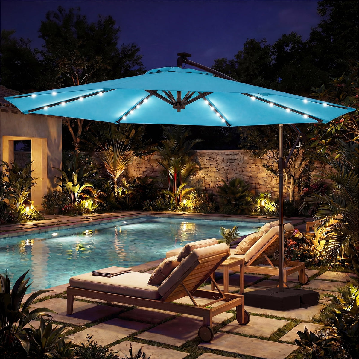 Costway 10 FT Solar Offset Hanging Umbrella Patio Cantilever Umbrella with 32 LED Lights Turquoise