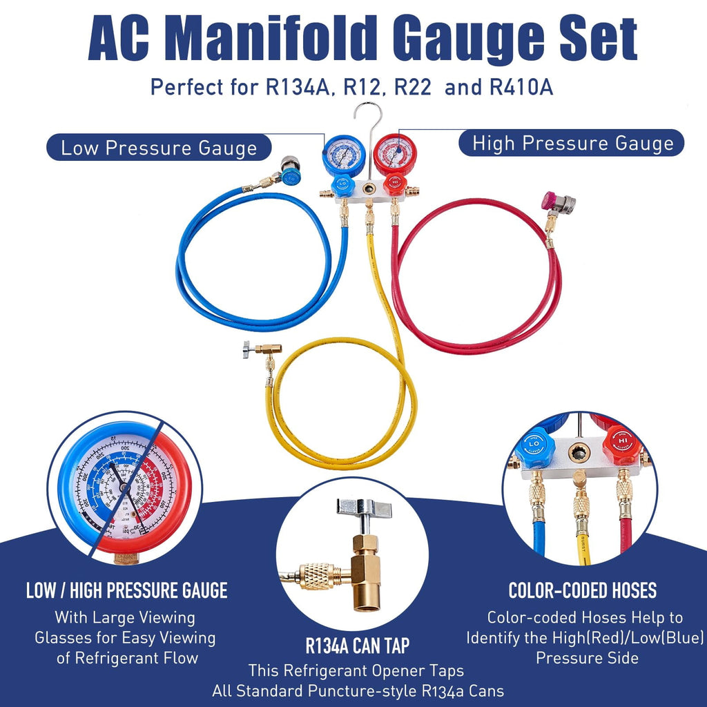 BACOENG 3.6 CFM 1/4 HP AC Vacuum Pump and Manifold Gauge Set, R134a/R12/R22, Can Tap, Quick Couplers and Bag