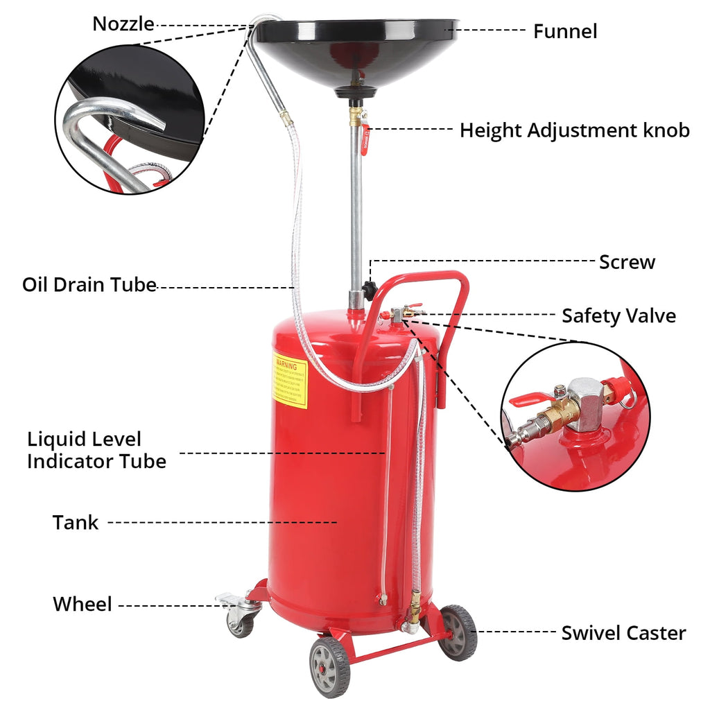 8-Gallon Air-Operated Oil Drain Tank, Adjustable 34-46 Inch Funnel Height and 360-Degree Wheels