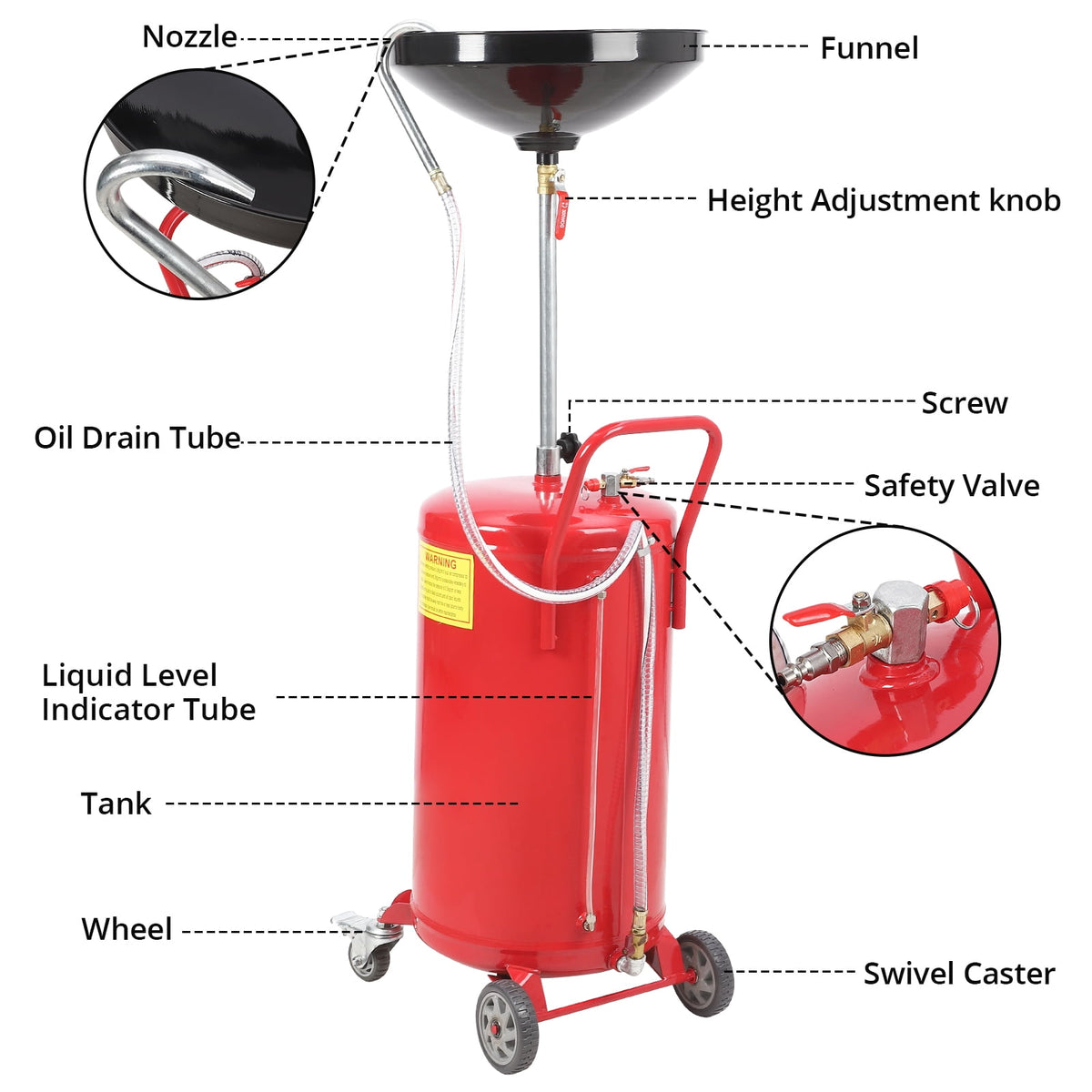 8-Gallon Air-Operated Oil Drain Tank, Adjustable 34-46 Inch Funnel Height and 360-Degree Wheels