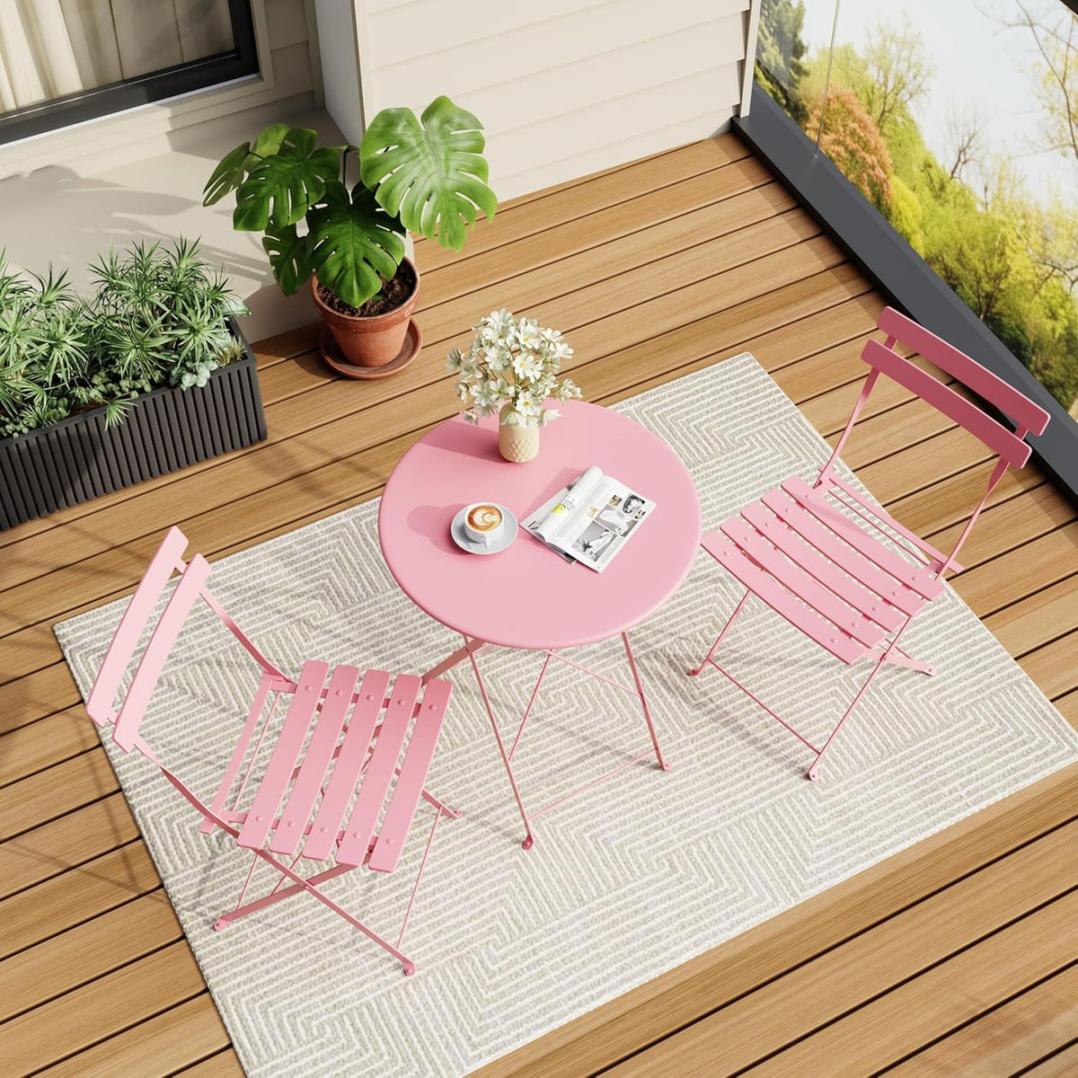 Bingirl 3-Piece Folding Metal Patio Bistro Set, Coffee Table and 2 Chairs for Balcony, Porch or Garden, Pink