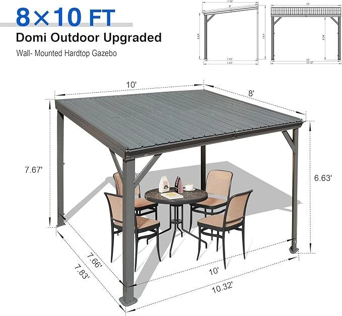 Domi 8x10FT Lean-To Gazebo, Wall-Mounted Hardtop with Galvanized Steel Roof, Aluminum Frame & Drainage System for Deck/Porch/Backyard