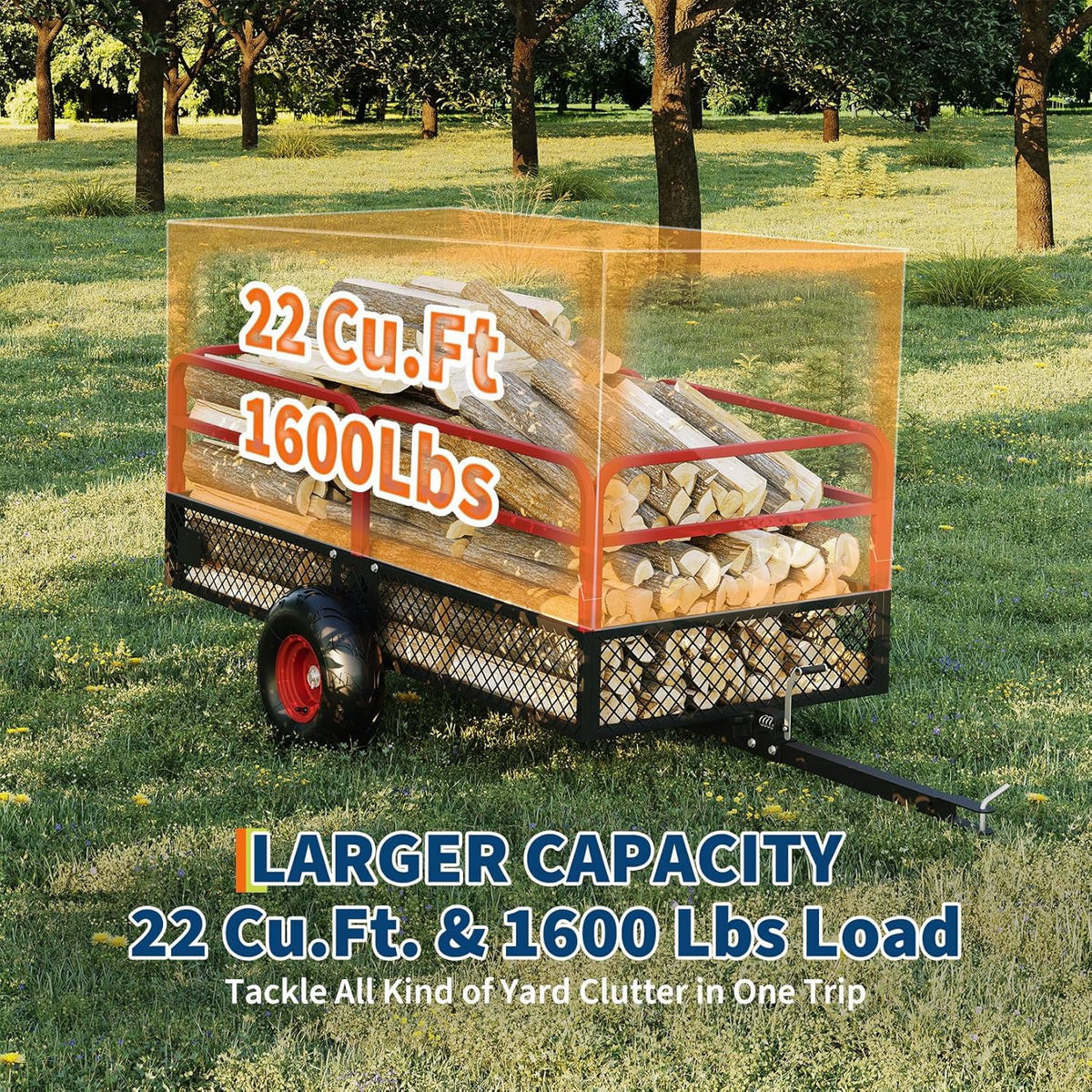 ATV/UTV Tow-Behind Dump Cart, 1600 lb Capacity, 22 cu ft, Removable Sides and All-Terrain Tires