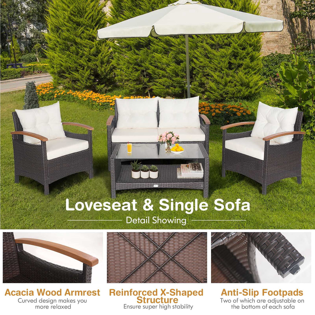 Patiojoy Patio Rattan 4PCS Cushioned Chair Side Table Set Bistro Set Classic Furniture Single Sofa Thick Cushion Loveseat for Garden Off White