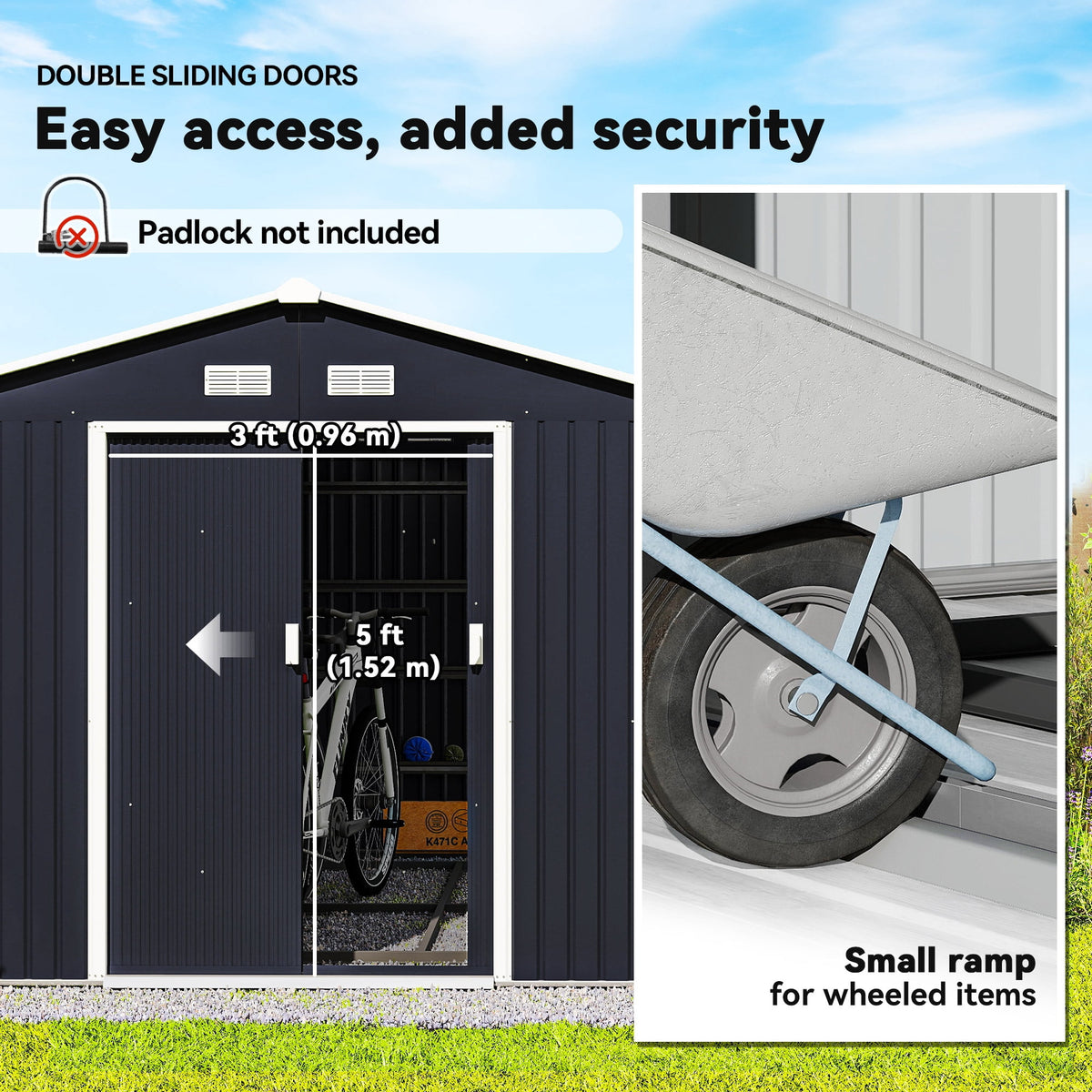 Outsunny 9' x 11' Garden Storage Shed with Foundation Kit, Metal Tool Storage House with Double Doors for Outdoor Patio Yard, Dark Grey