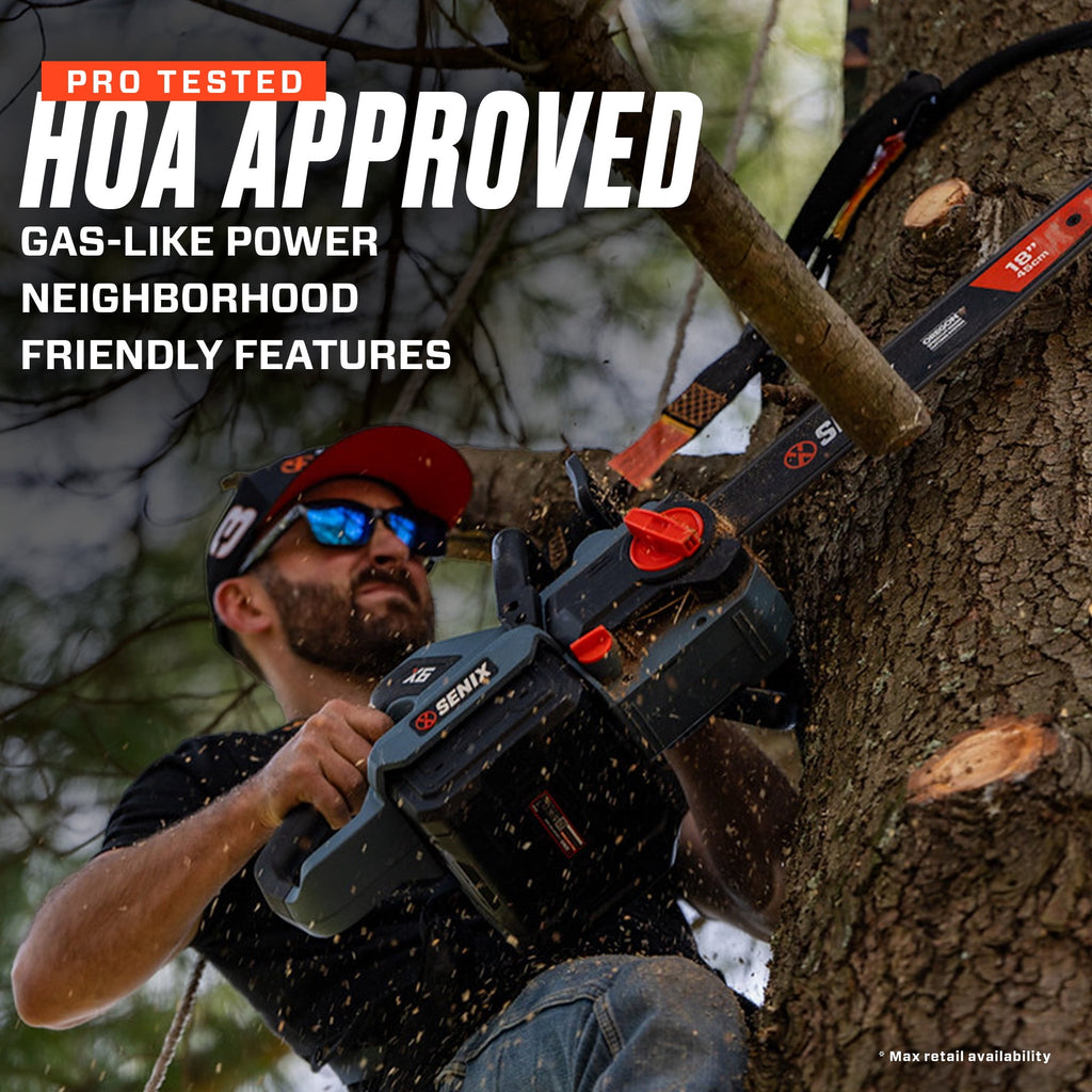 SENIX CSX6-M1 18" 60V Battery Powered Chainsaw, Brushless, Automatic Oiler, Tool-Free Chain Tensioning, Cordless