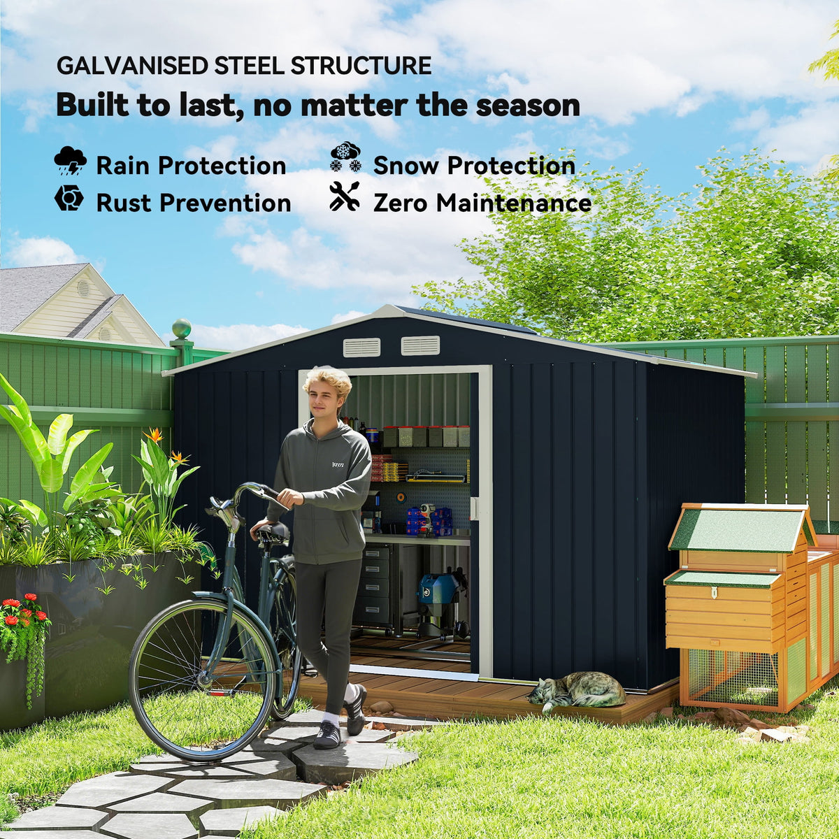 Outsunny 9' x 6' Garden Storage Shed with Foundation Kit, Metal Tool Storage House with Double Doors for Outdoor Patio Yard, Dark Grey