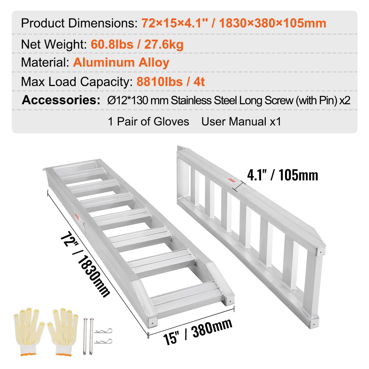 VEVOR Aluminum Ramps, Rated Load 6800 lbs, Max Load 8810 lbs, Heavy-duty Ramps with Top Hook Attaching End Universal