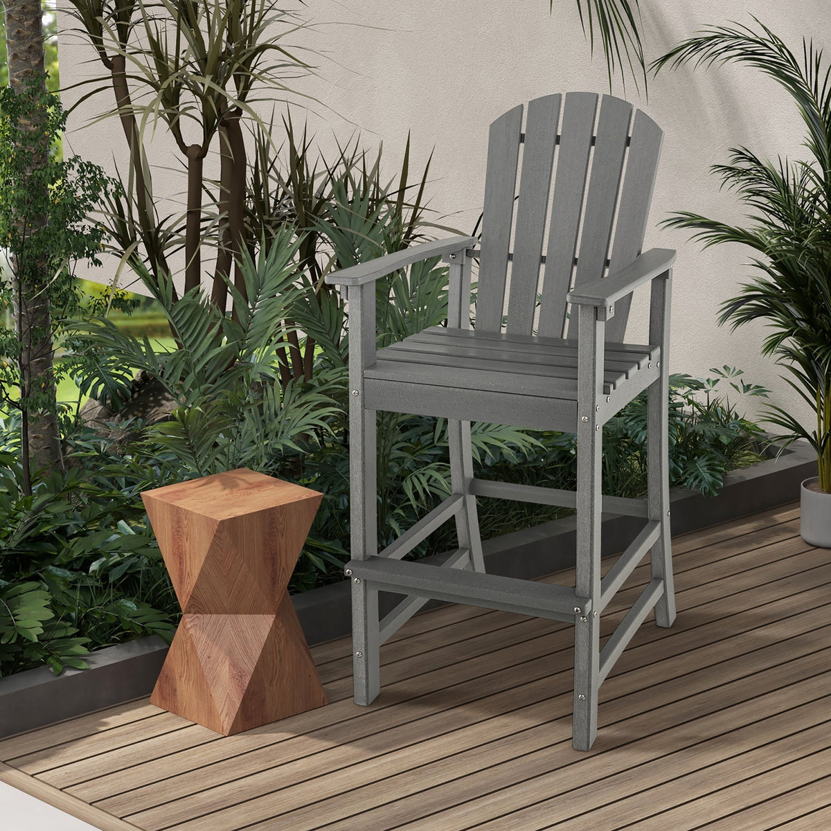 Costway Outdoor HDPE Bar Height Stool Patio Tall Chair Armrest Footrest All Weather Grey