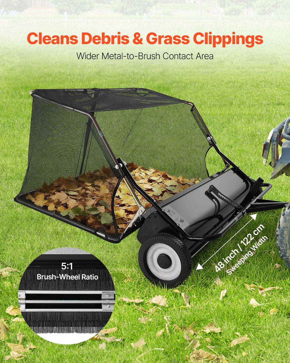 VEVOR 48-Inch Tow-Behind Lawn Sweeper, 26 cu ft Hopper, Adjustable Sweeping Height and Dumping Rope