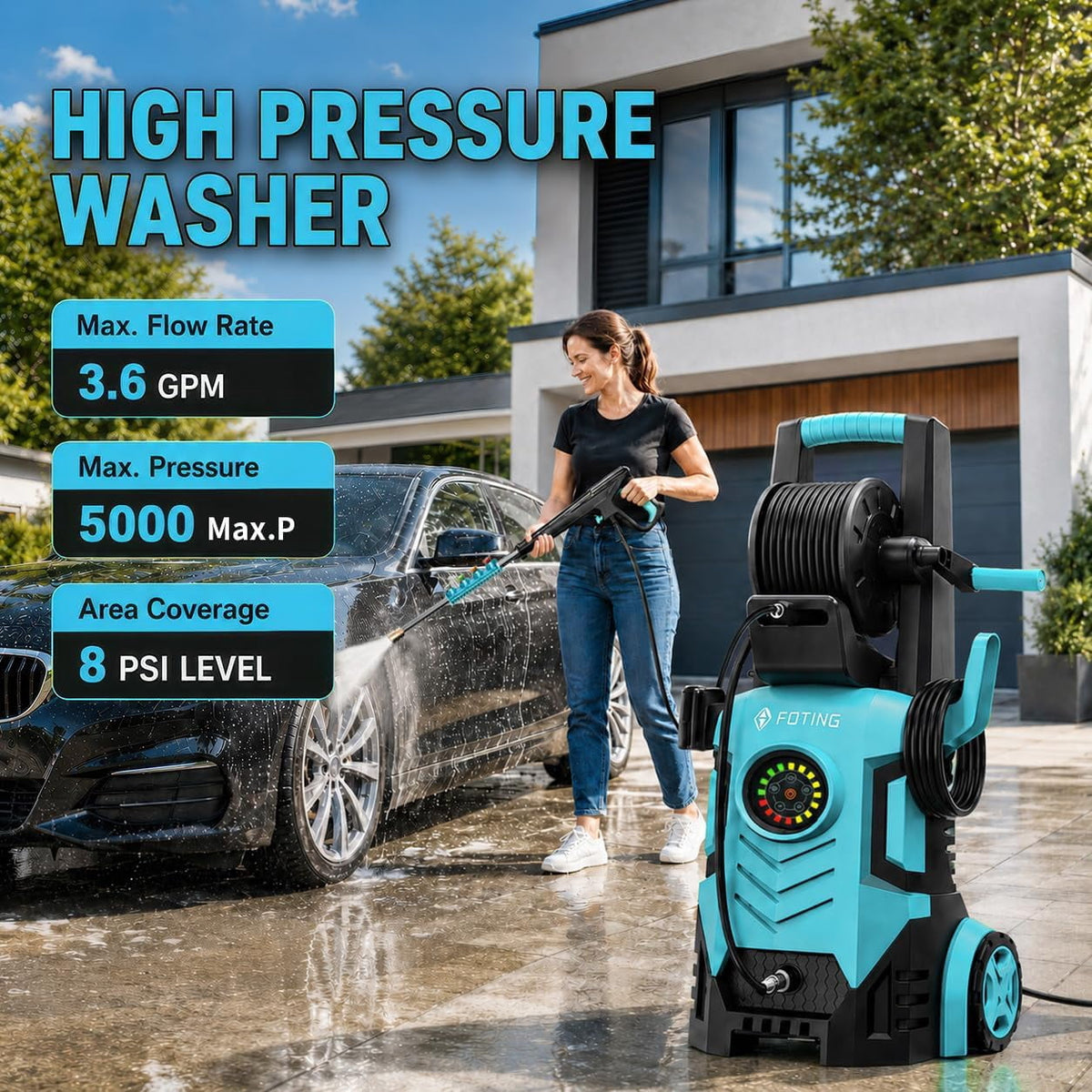 FOTING 5000 Max at 3.2 GPM Electric Pressure Washer, with 4 Quick-Connect Nozzles and Foam Cannon with GFCI protection,Blue
