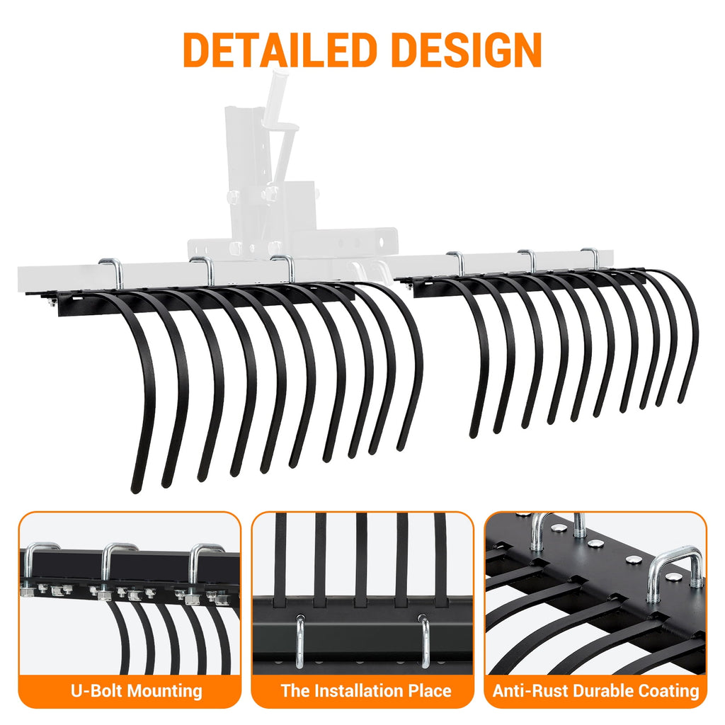 60-Inch ATV/UTV Landscape Rake Attachment, 20 Removable Steel Tines, Compatible with Manual Implement Lift