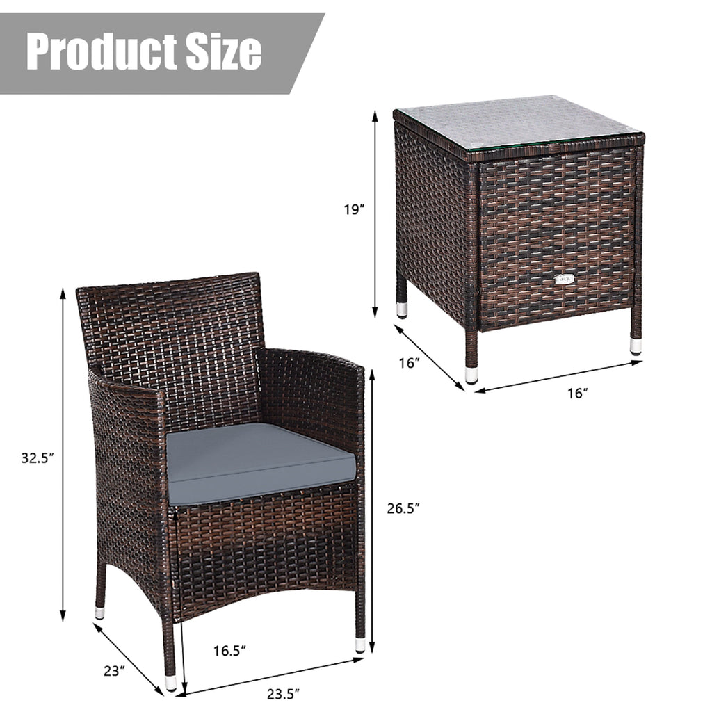 Patiojoy 3-Piece Patio Wicker Rattan Furniture Set Conversation Sofa Set W/Coffee Table Grey